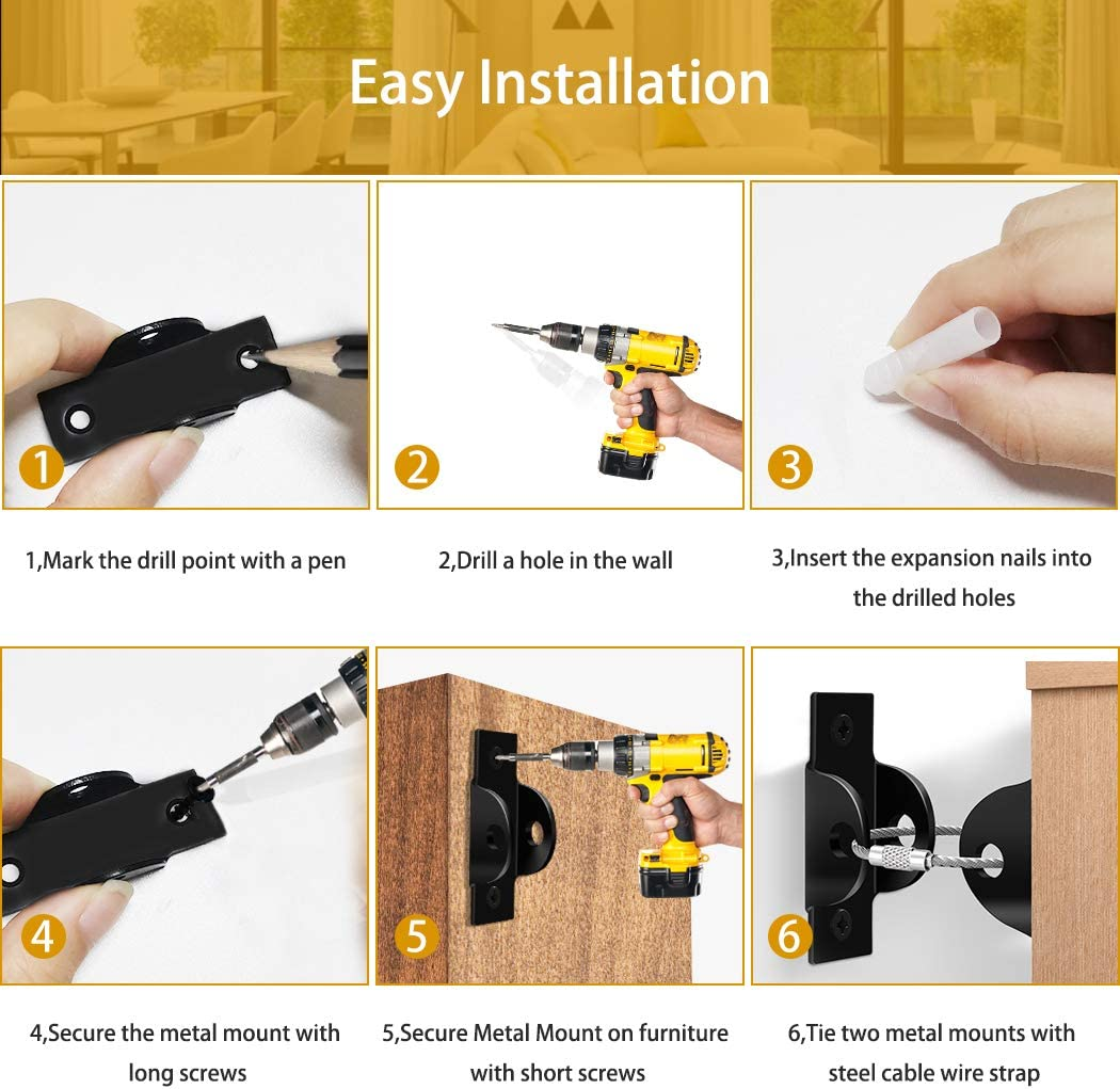 Furniture Anchors (6 Pack) Furniture Straps for Baby Proofing, Furniture Wall Anchors Metal Secure 400 Pound Falling Furniture Prevention Straps Child Pet Safety Straps Earthquake Resistant image number 5