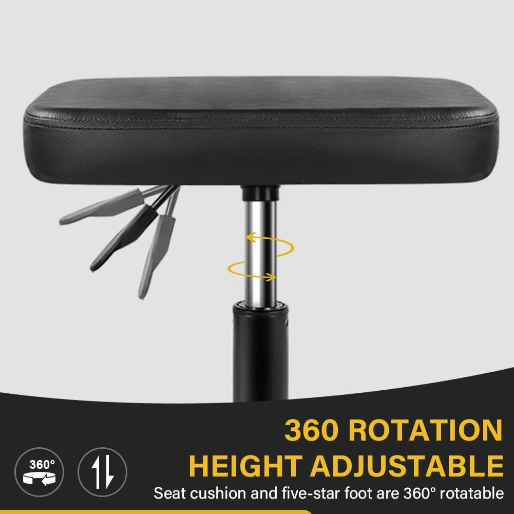 Rolling Stool Height Adjustable 360&deg; Swivel Stool with Wheels Square Seat PU Leather Rolling Stool for Bedroom Counter Shop Salon Massage Home Office Desk (Black)