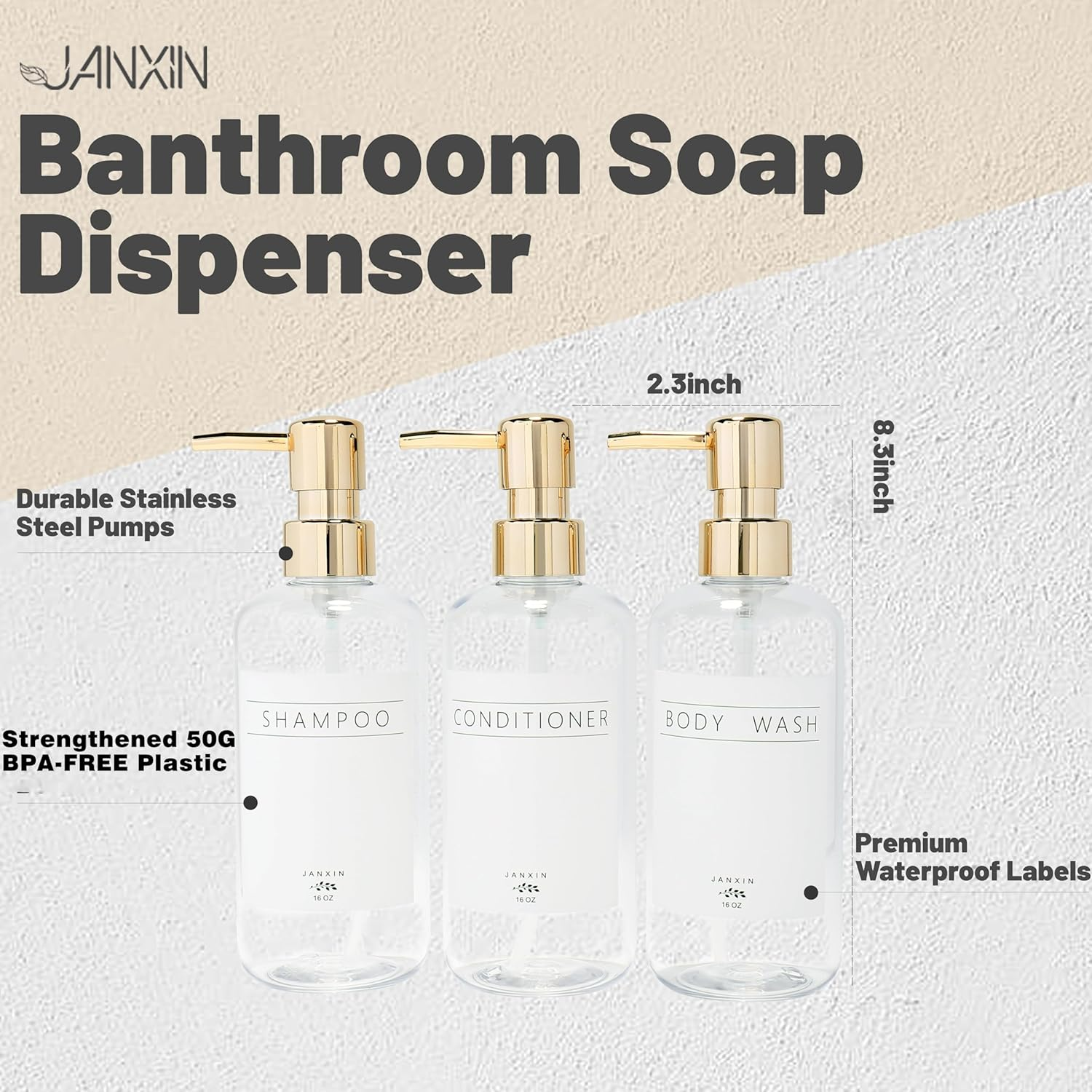 Janxin Shampoo and Conditioner Dispenser Set of 3,Modern Refillable 16Oz Shampoo and Conditioner Bottles with Pump,Stylish Shower Soap Dispenser with Waterproof Labels for Bathroom(Clear)