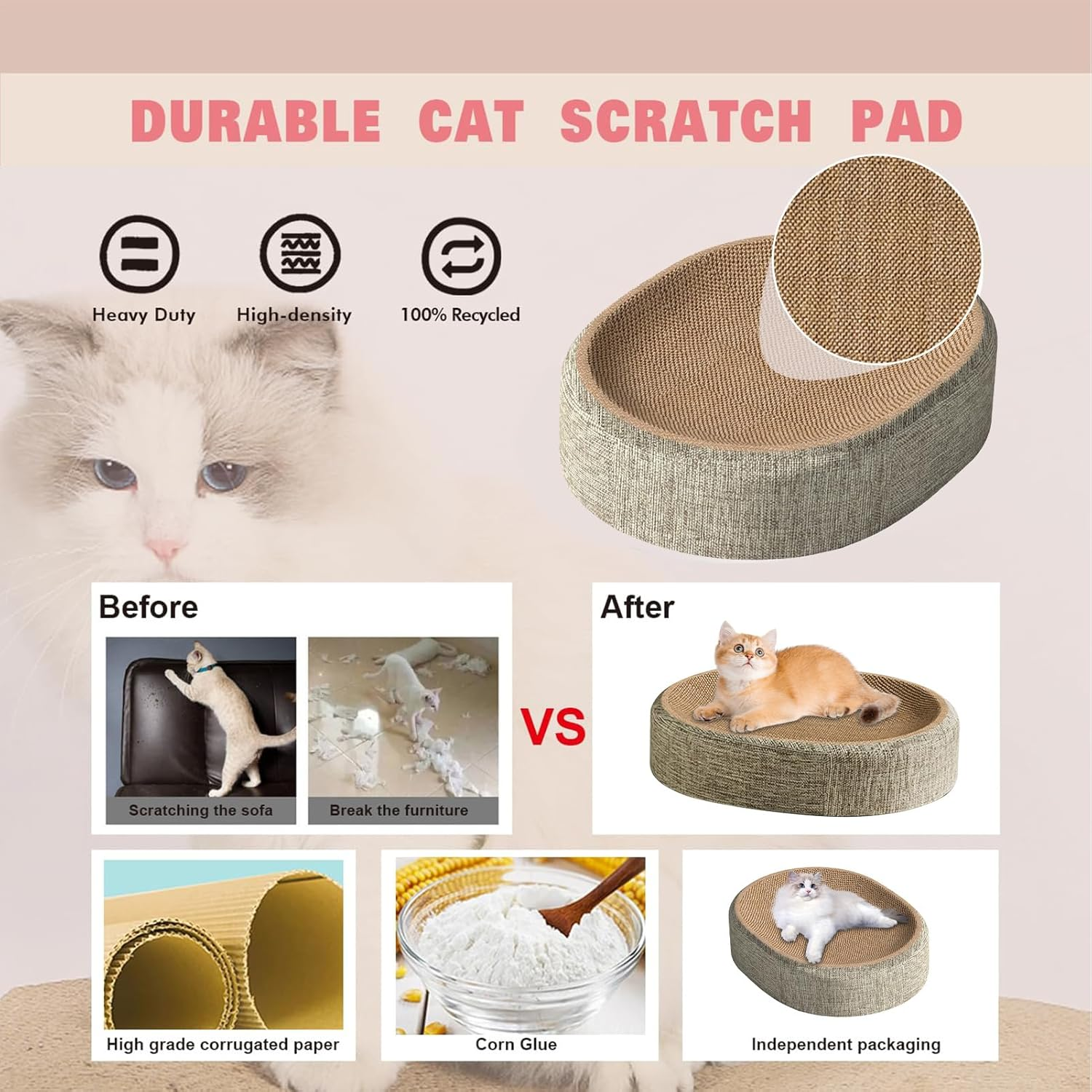 Cat Scratching Board, 2 in 1 Cat Scratcher Bed, Oval Pussy Scratcher Bowl for Furniture Protection, Scratching Mat for Grinding Claw and Sleeping, 41X31X10 CM image number 2