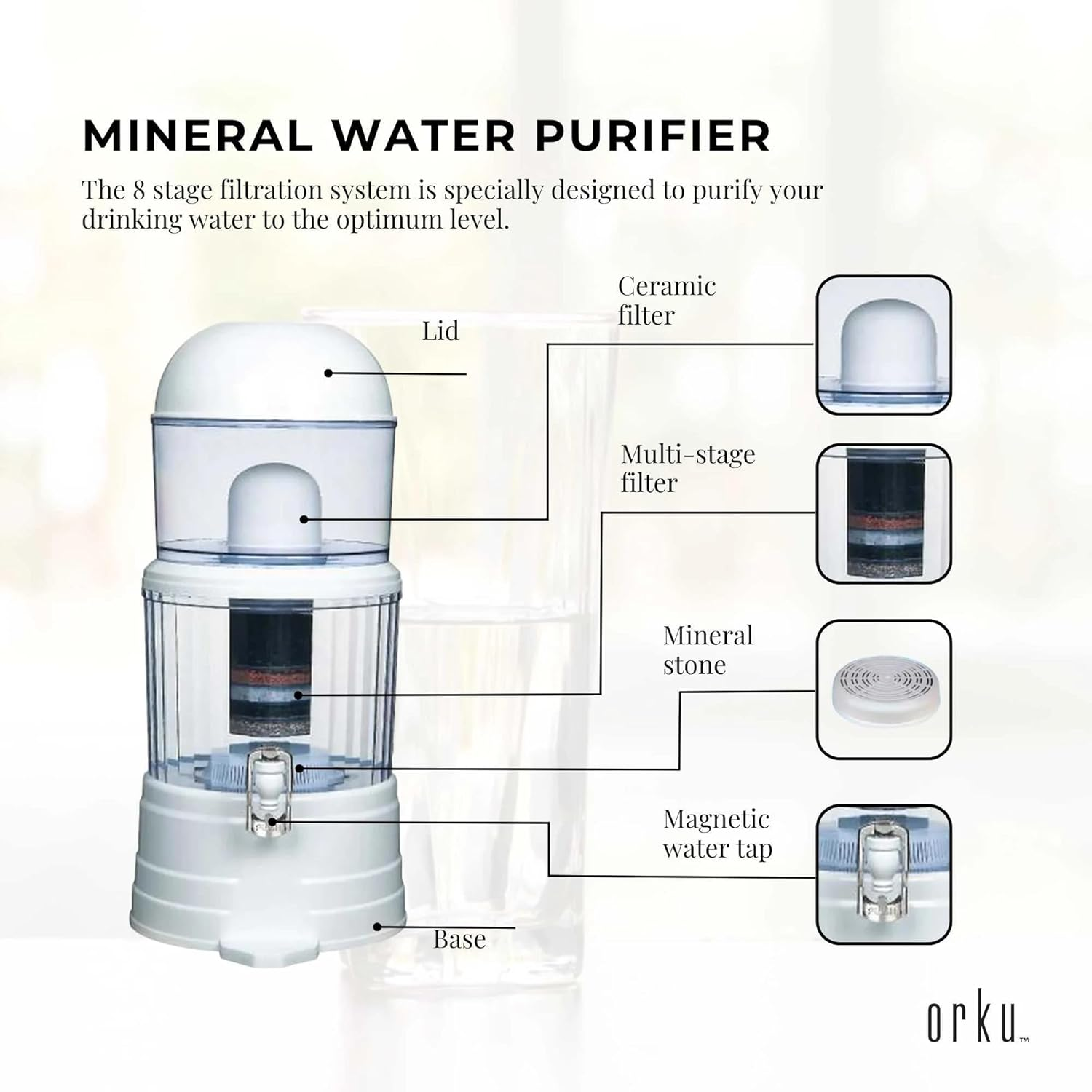 16L Benchtop 8 Stage Water Filter - Ceramic Carbon Mineral Stone Silica Purifier