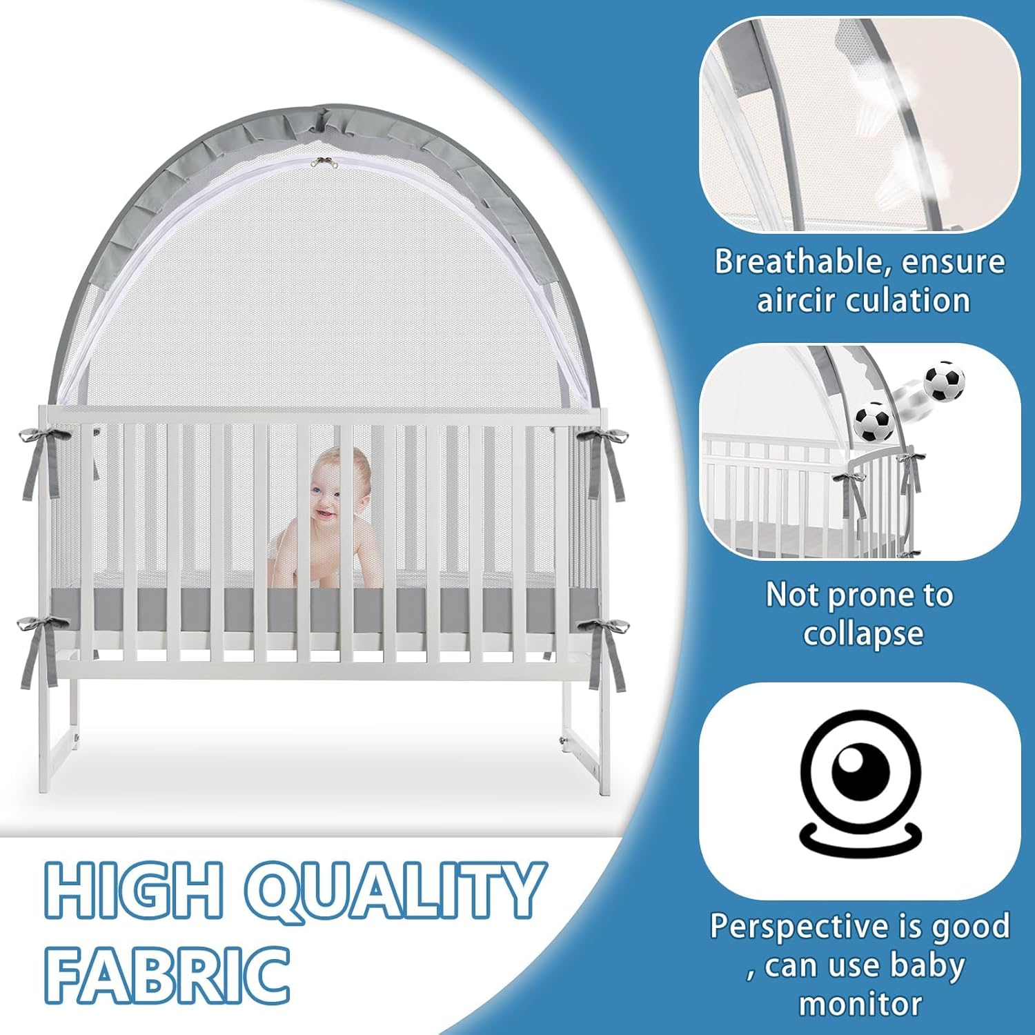 Koeay Pop up Crib Tent Canopy, Crib Tent to Keep Baby from Climbing Out - Crib Net to Keep Baby In, Breathable Cribs Cover Canopy with Upgrade Strong Mesh and Durable Zipper(Grey, 70 X 130 Cm) image number 4