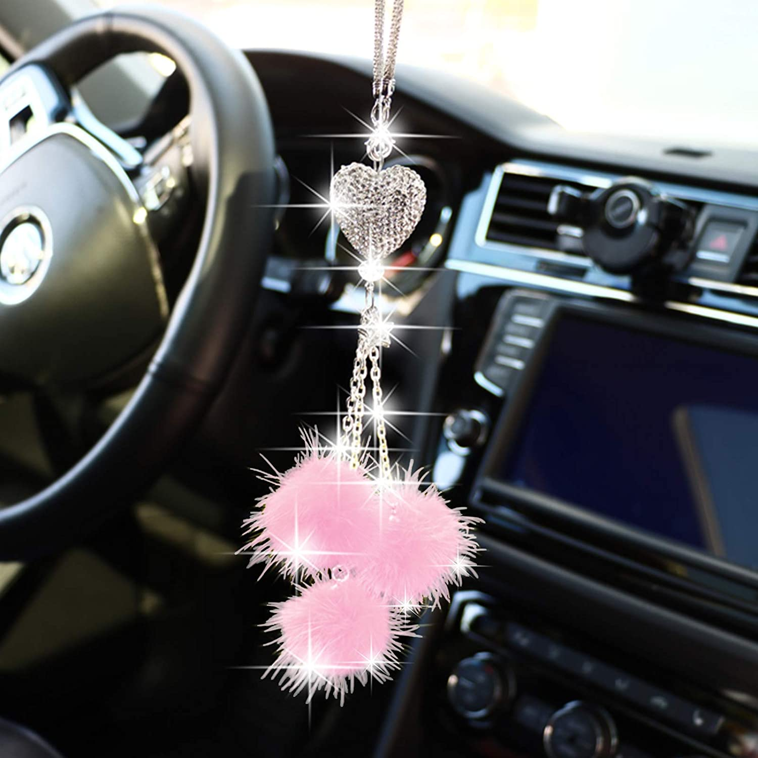 Bling Car Accessories for Women &pound;&brvbar; Men Bling White Heart and Pink Fuzzy Drops Bling Rinestones Diamond Car Accessories Crystal Car Rear View Mirror Charms,Lucky Hanging Accessories (Gray)
