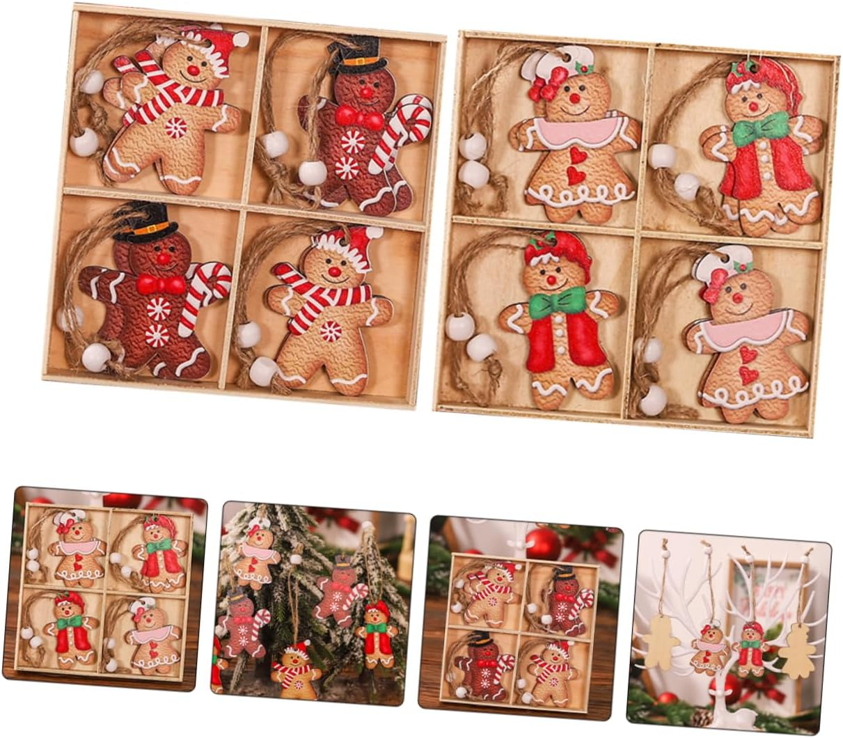 2 Boxes Gingerbread Man Wooden Hanging Ornament Xmas Tree Decor Cartoon Couple Doll Pendant for Window Party Decoration Lightweight image number 3