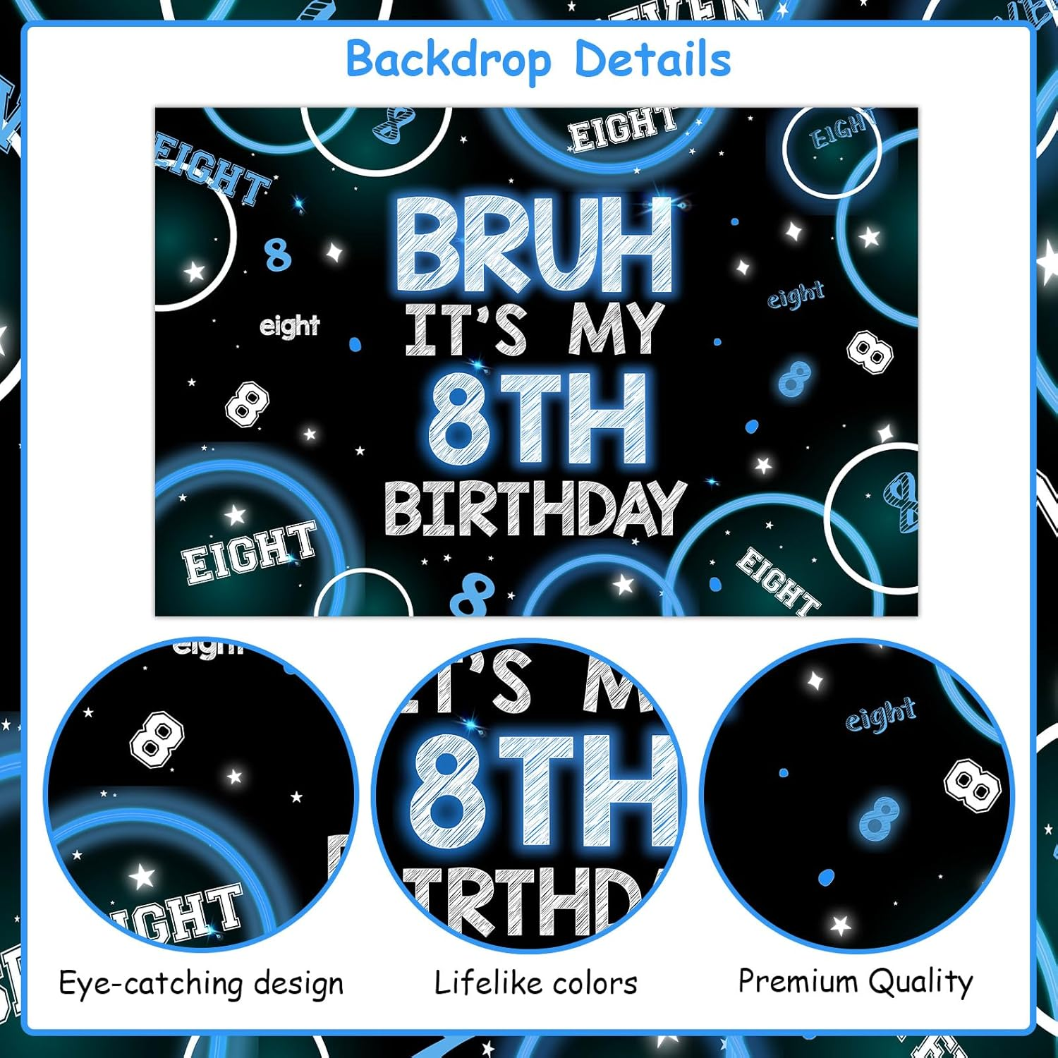 Wonmelody Bruh It&rsquo;S My 8Th Birthday Decor 4.92*3.28Ft Bruh It&rsquo;S My 8Th Birthday Backdrop Banner Blue Black 8Th Birthday Decor for Boy Happy 8Th Birthday Party Supplies Eight Years Old Photo Booth Prop