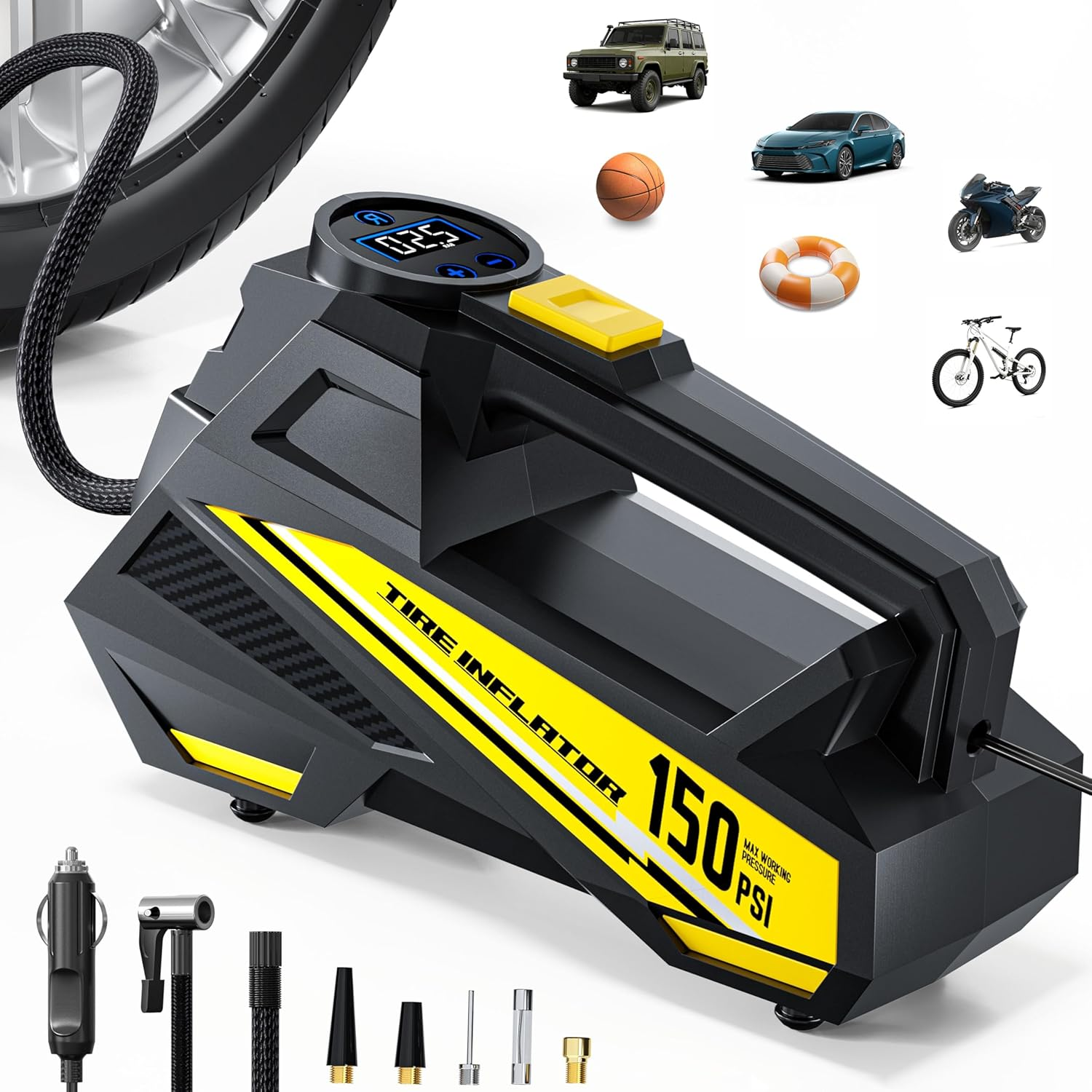 Zumist Tyre Inflator Car Air Compressor - 150PSI Portable Air Pump Car Accessories, DC 12V Fast Inflation Electric Tire Pump with Digital Pressure Gauge, LED Light & Auto Shutoff for Motorcycle, Bike