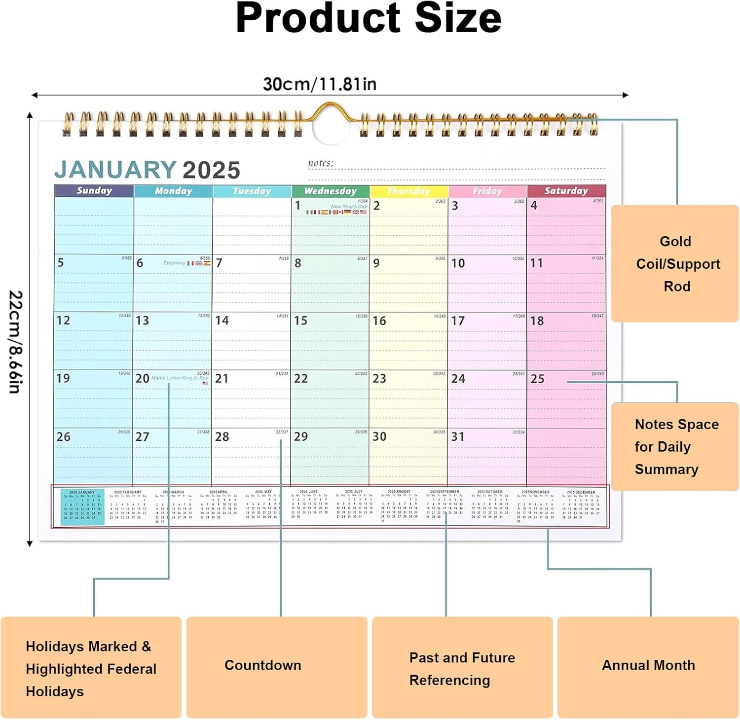 2025-2026 Wall Calendar,18 Monthly Calendar July 2025-December 2026,Thick Paper Easy to Write and Read Notes,11.8 Inch Width 8.6 Inch High, Rainbow Colour-Coded Days, Spiral-Bound