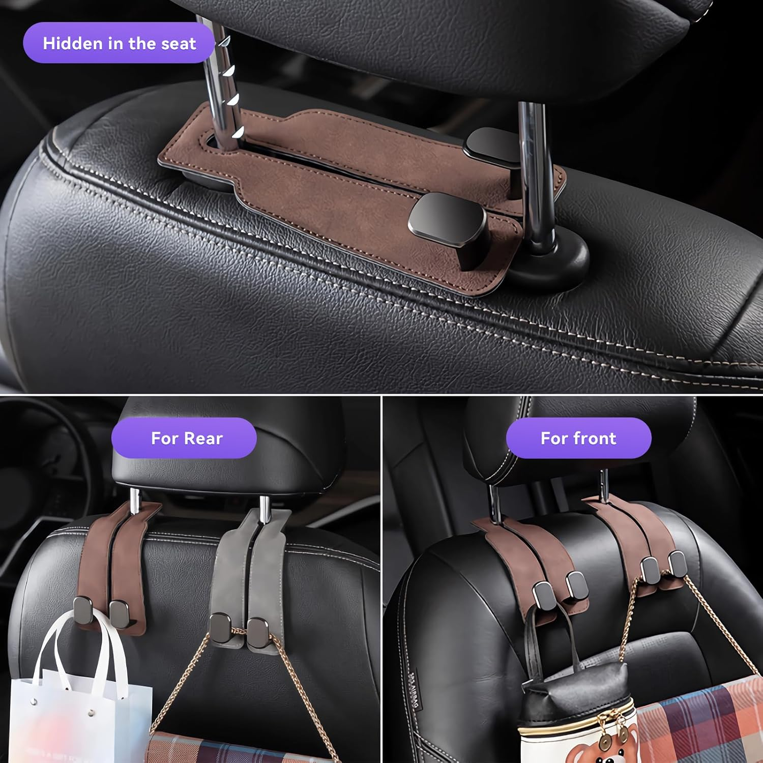 2 Pack Car Hooks for Headrest,[Dual Alloy Hooks], Purse Hook for Car, Car Seat Hooks for Handbags, Bags, Purses(Beige - 2 Pack) image number 4