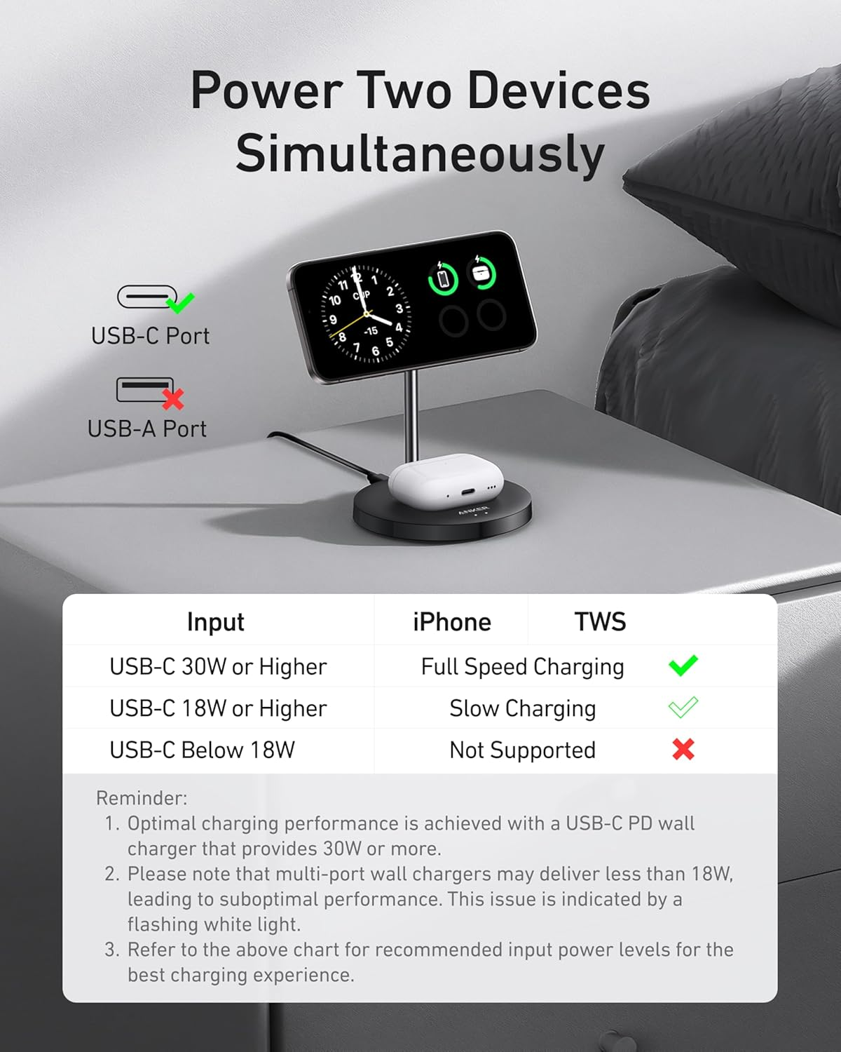 Anker Magsafe Compatible Maggo Charger Stand, Iphone 17 Wireless Charger, 2-In-1 Charging Station, Qi2 Certified 15W Fast Charging, for Iphone 17/16/15/14/13/12, Airpods Pro (Black, No Adapter) image number 3