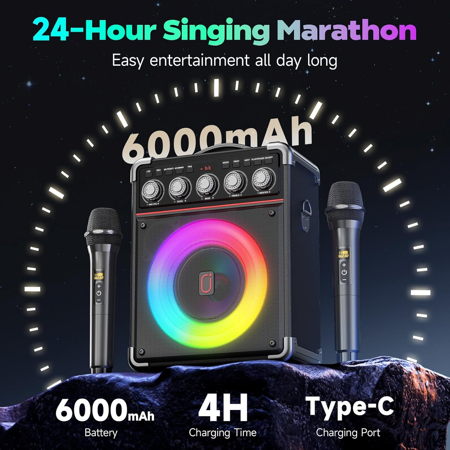 Karaoke Machine with 2 Wireless Mics, Portable Bluetooth Speaker with Disco Lights, Bass/Treble Control & Remote, PA System for Home, Outdoor, Parties & Events, Supports REC, USB, AUX, TF Card image number 4