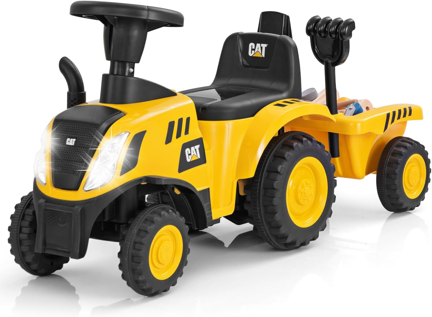 HONEY JOY Kids Ride on Tractor, Licensed Caterpillar Foot to Floor Sliding Car with Detachable Trailer, Shovel, Rake, Horn, Engine Sound, LED Lights & 6 Wheels, No Power Walking for Aged 1.5-3 image number 4