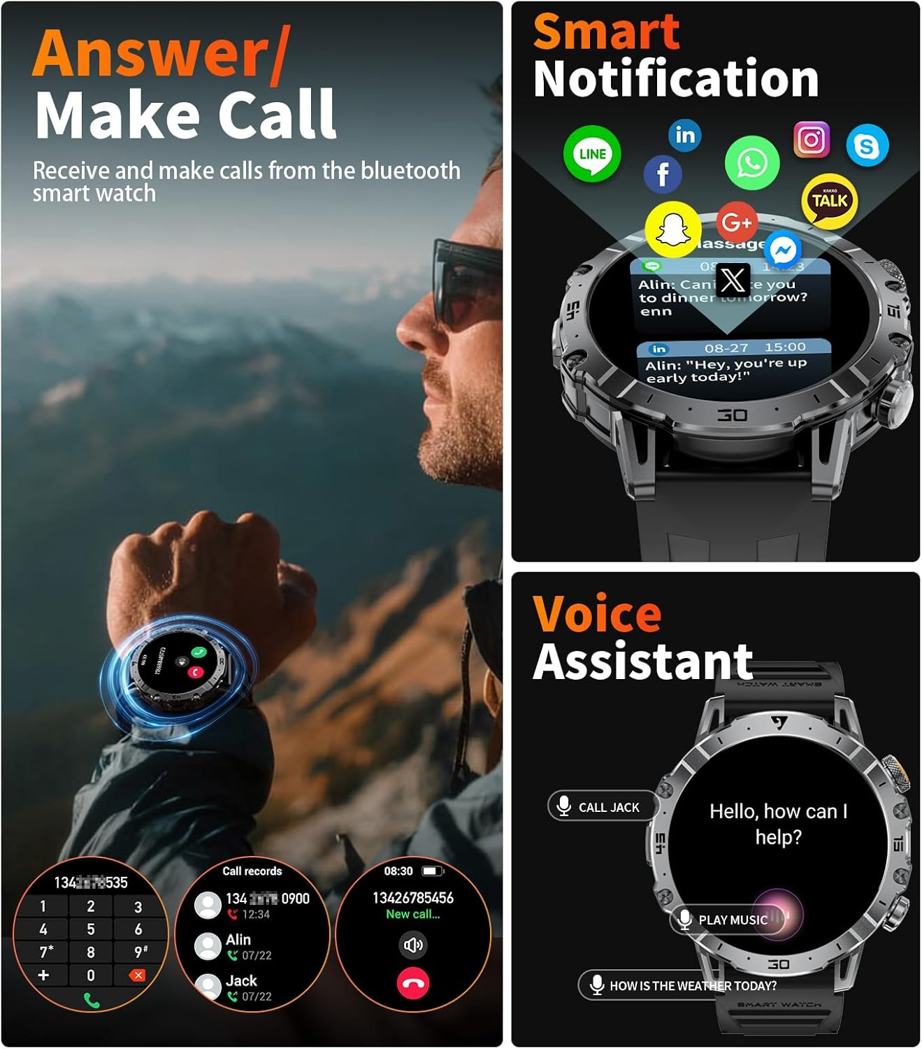 Military Smart Watch for Men (Answer/Make Calls), 1.7" Display with 1000Mah Large Battery/Led Flashlight/3 Straps/2 Charger, Health Tracking, 114 Sports Modes, IP68, Digital Man Watch for Android Ios image number 5