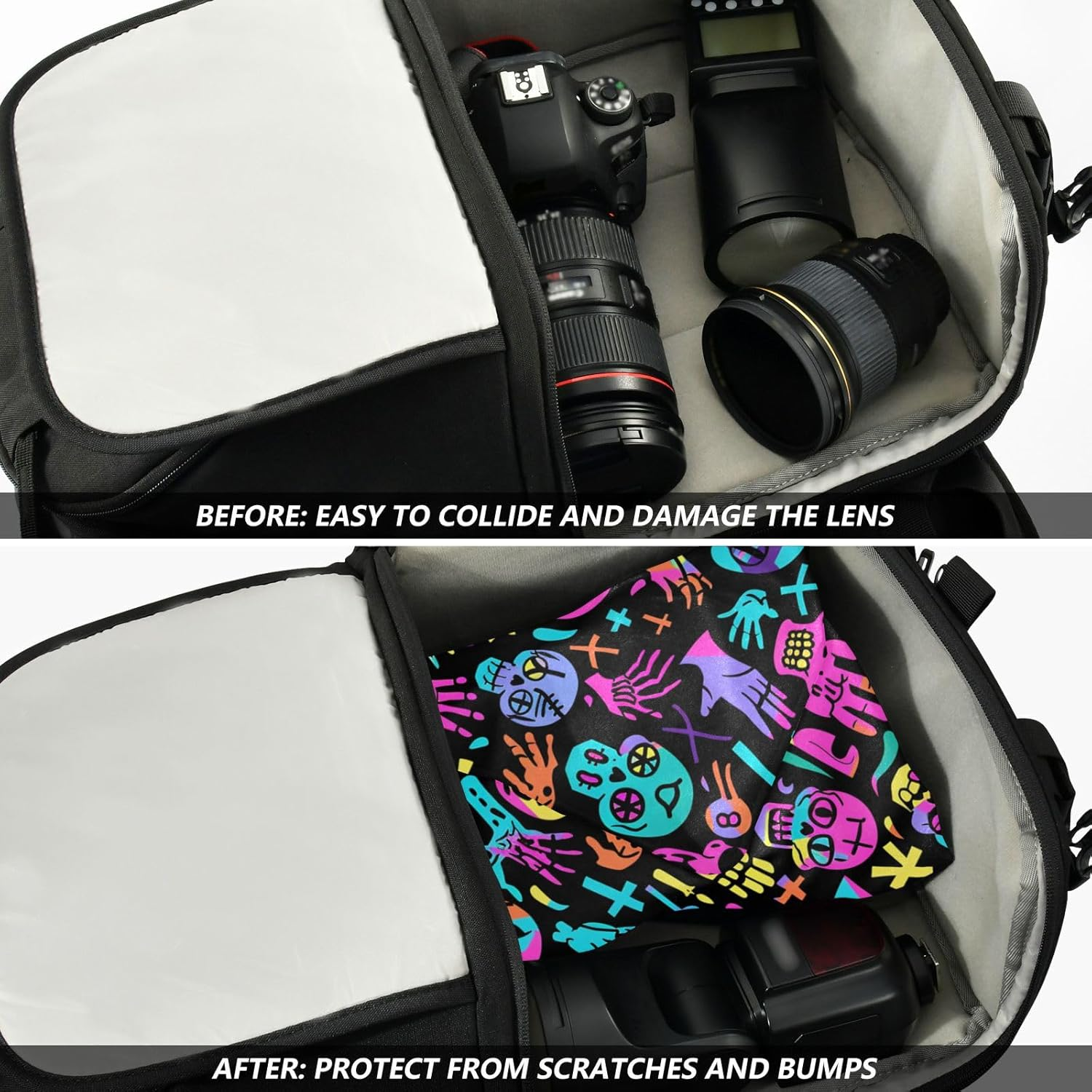 Guoche Magic Self-Adhesive Cosmetic Pouchs Cloth Funny Colorful Skeletons Skulls Doodle Black Organizer Wrap Camera Lens Cloth Wrapper Makeup for Women 21.7 X 21.7, Funny Colorful Skeletons Skulls