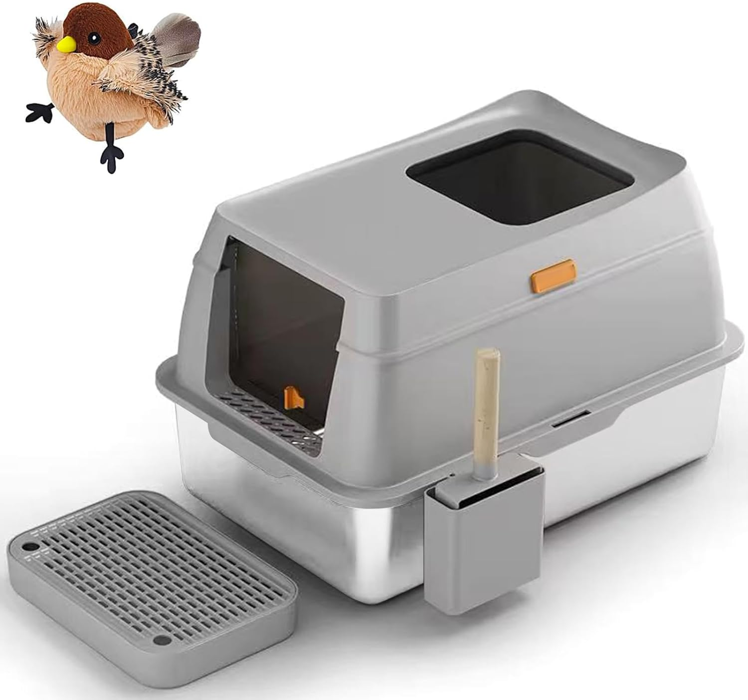 XXL Stainless Steel Cat Litter Box with Lid, Enclosed Metal Kitty Toilet, Front Entry & Top Exit, Scoop & Mat Included, Leak-Proof, Easy Clean image number 6