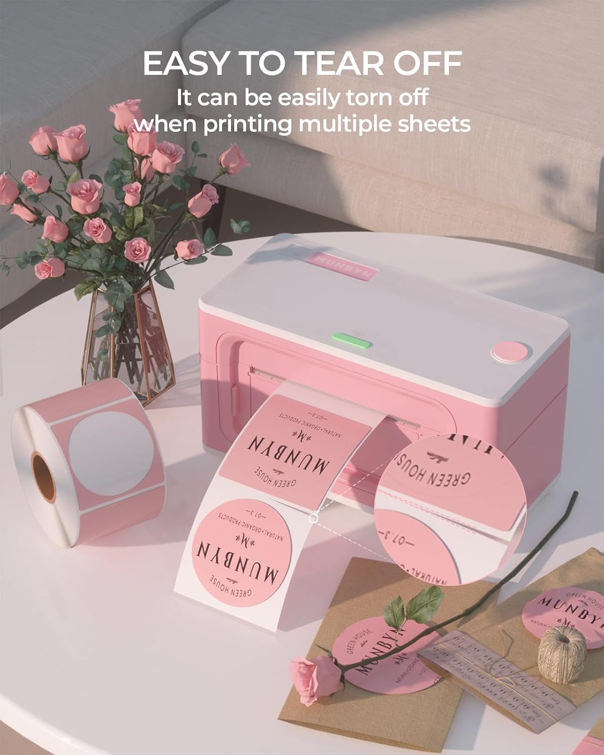 MUNBYN 2 Inch Pink Circle Thermal Stickers, Self-Adhesive round Direct Thermal Labels, Multi-Purpose Roll Stickers for DIY Logo Design, QR Code, Name Tag, Inventory - Pink 750 Labels/1 Roll image number 2