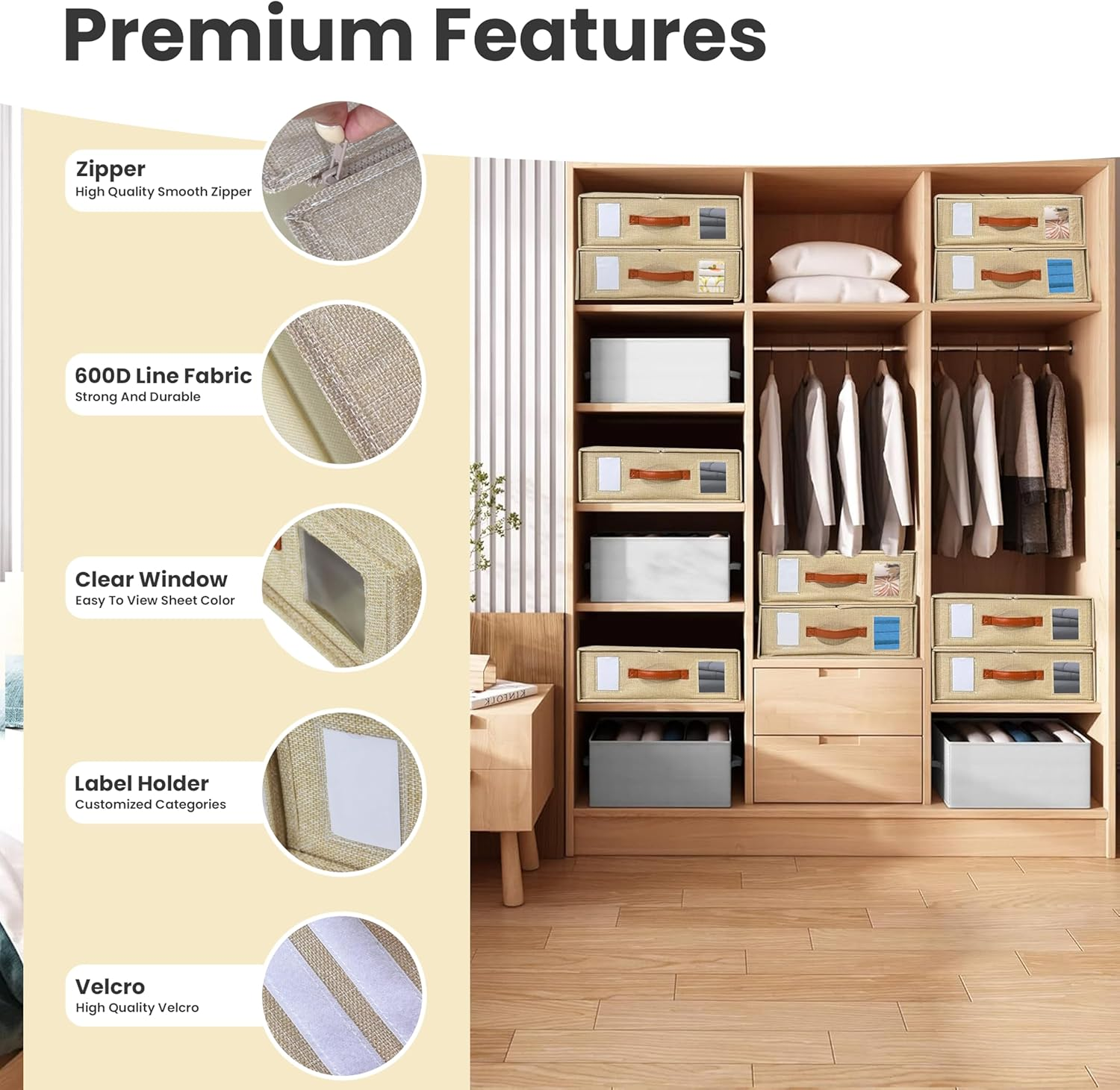 4Pcs Bed Sheet Organizer - Linen Storage Bedding Wardrobe Organizer Box with Zip for Sheets (King & Queen Size)-Duvet Covers-Home Storage & Organisation (Beige) image number 3