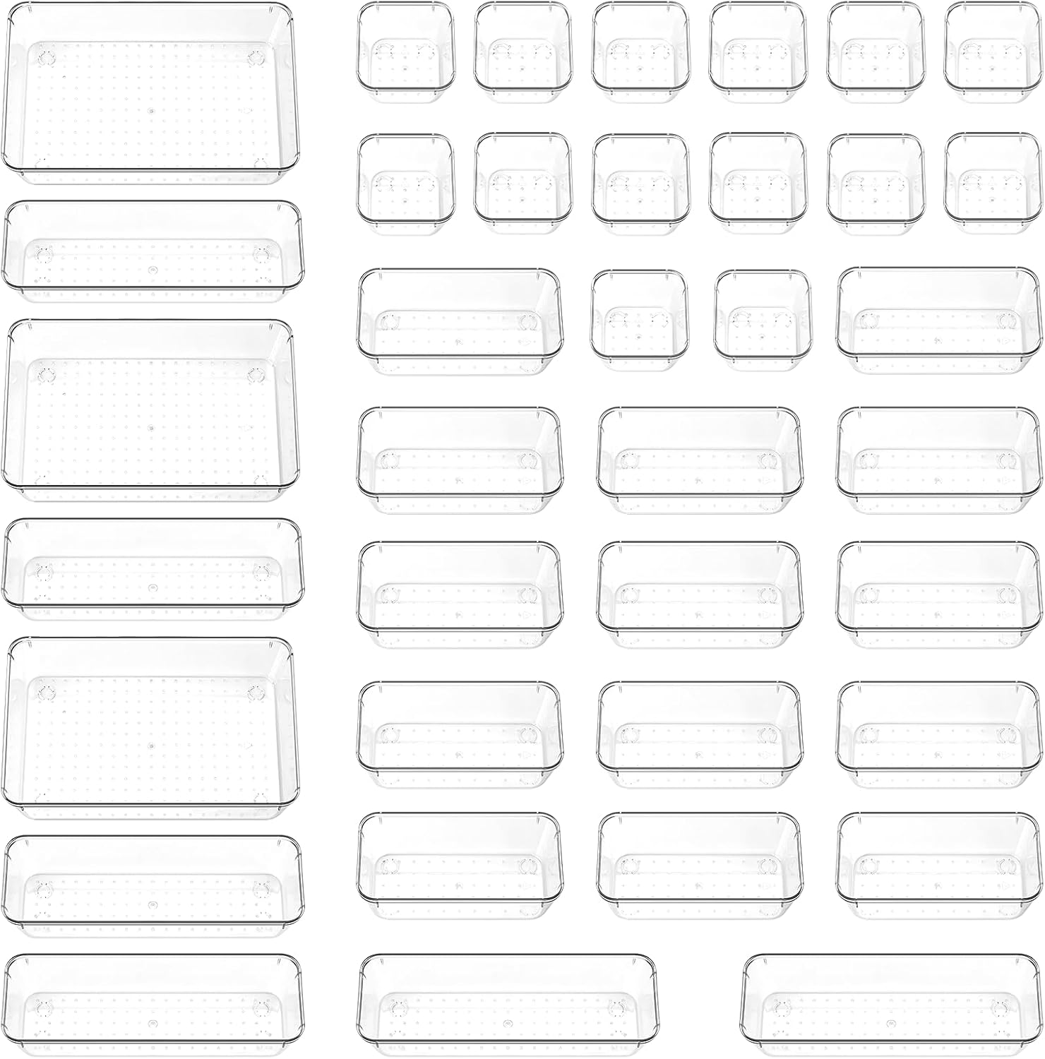 Aubeco 37 Pcs Clear Plastic Drawer Organisers, 4 Sizes Acrylic Storage Box, Non-Slip Desk Container for Makeup, Bathroom, Office, Kitchen, Bedroom, Jewelry image number 4