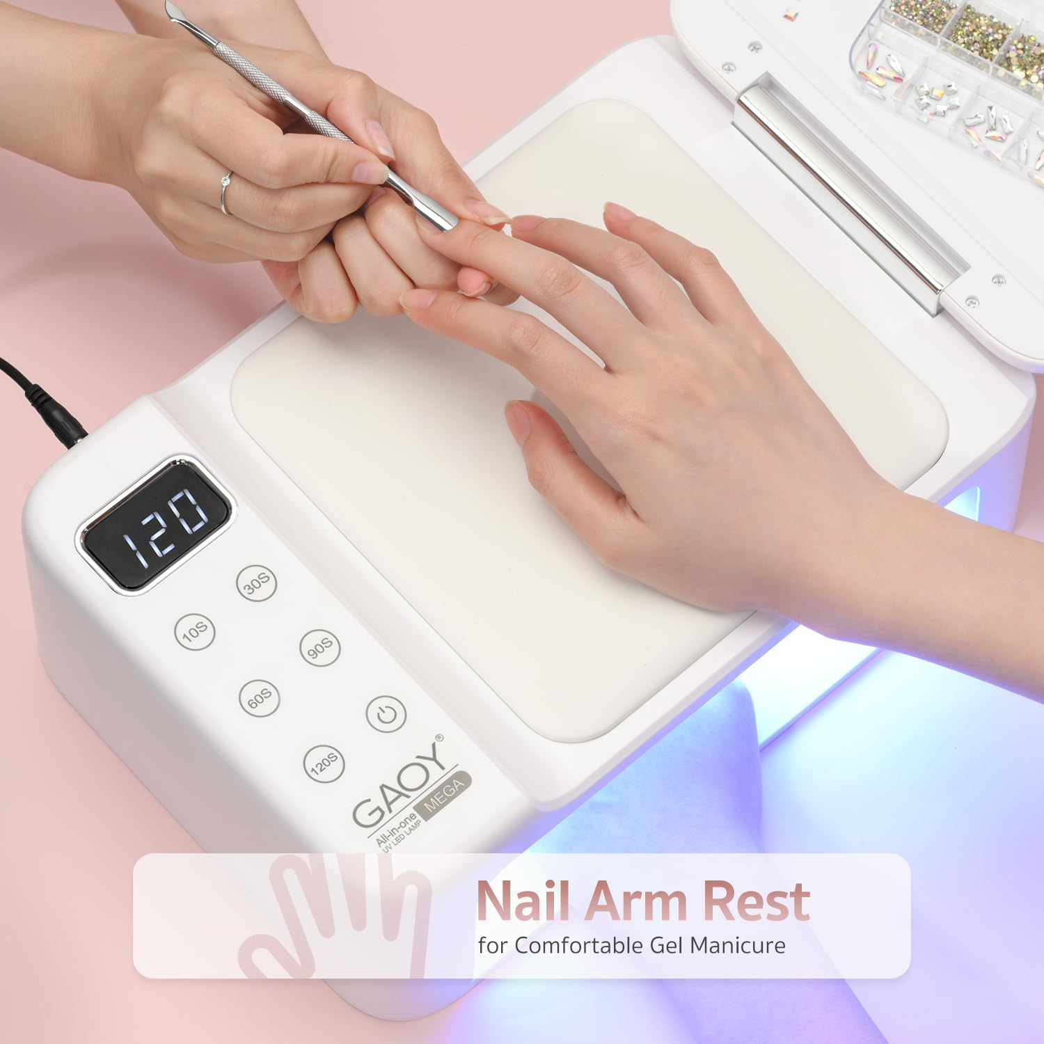 GAOY Professional Nail Curing Lamp for Salon, Mega UV LED Light for Gel Nails with Arm Rest and Retractable Tray, 5 Timers, LCD Display and Infrared Sensor image number 4