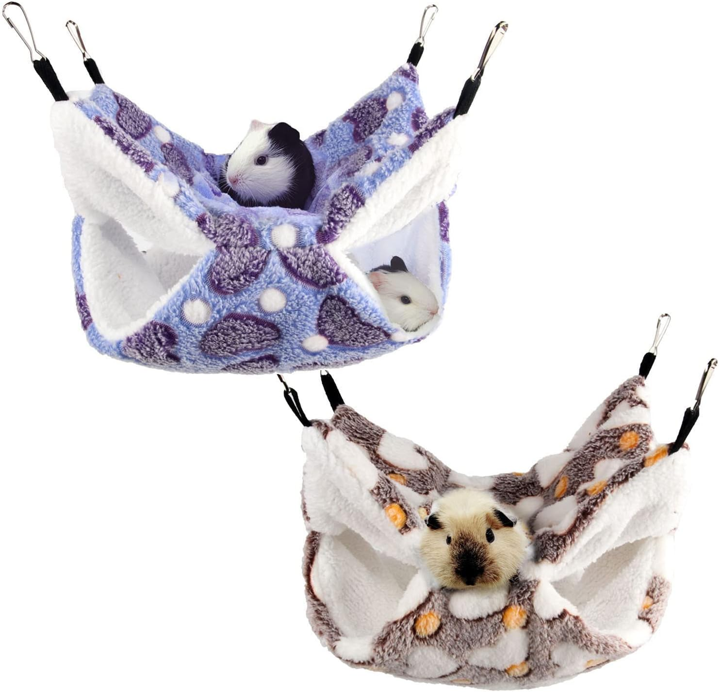 TRADERPLUS 2 Pcs Guinea Pig Rat Hammock Small Pet Warm Plush Bunkbed Hanging Hammock Cage Accessories for Bunkbed Sugar Glider Hamster Ferret Parrot Squirrel Playing (Brown+Purple)