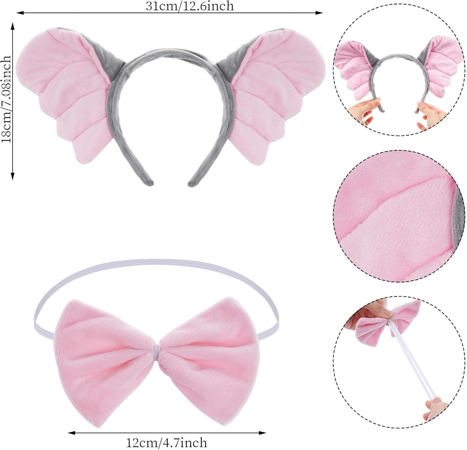 OJIOUI 4Pcs Elephant Costume Set Elephant Ears Headband and Tail Bow Tie Animal Costume Accessories for Halloween Cosplay Party Dress Up image number 2
