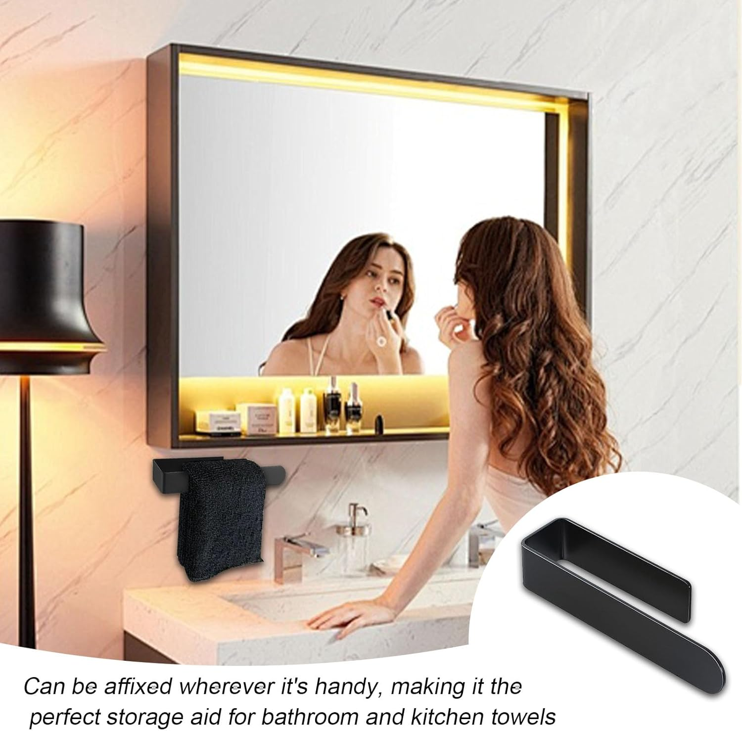 KUBDPQOR Dish Towel Holder, Sink Organiser, Self-Adhesive Tea Towel Holder, Stainless Steel Dish Cloth Holder, with Tea Towels, Black, Tea Towel Holder, Kitchen, Tea Towel Holder, No Drilling Required image number 4