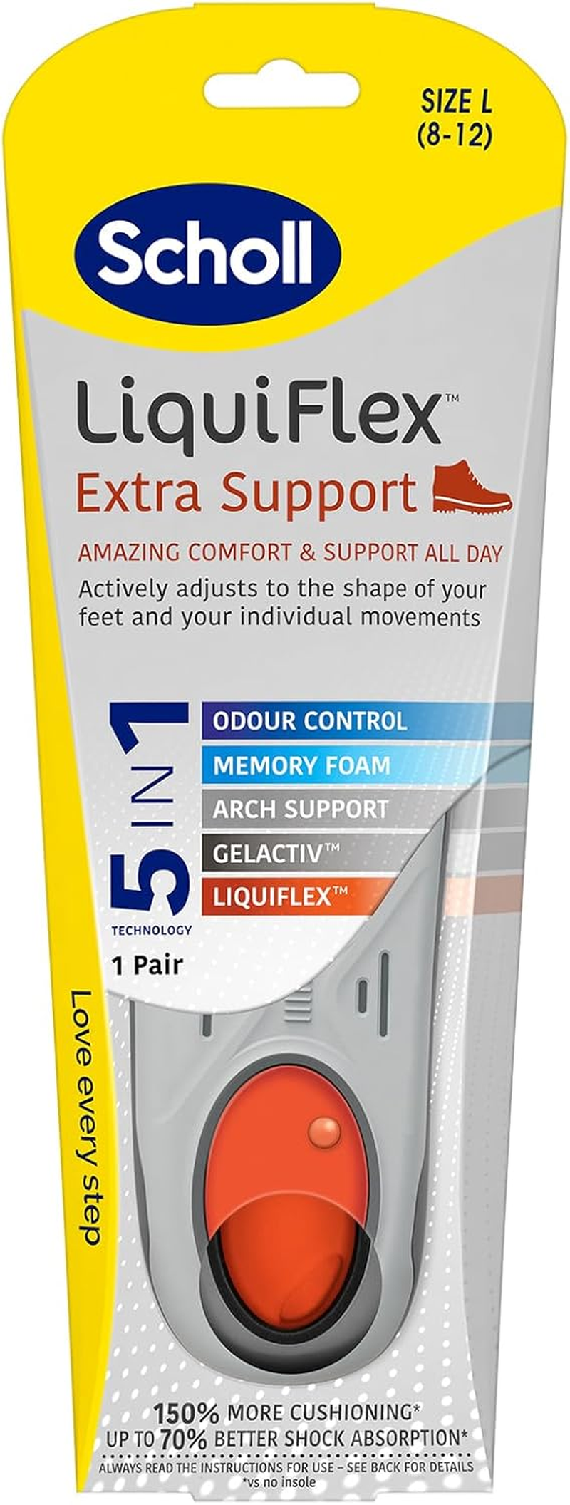 Scholl Liquiflex Extra Support Insole, Enhanced Cushioning & Arch Support for Foot Pain Relief, Size 8-12 image number 2