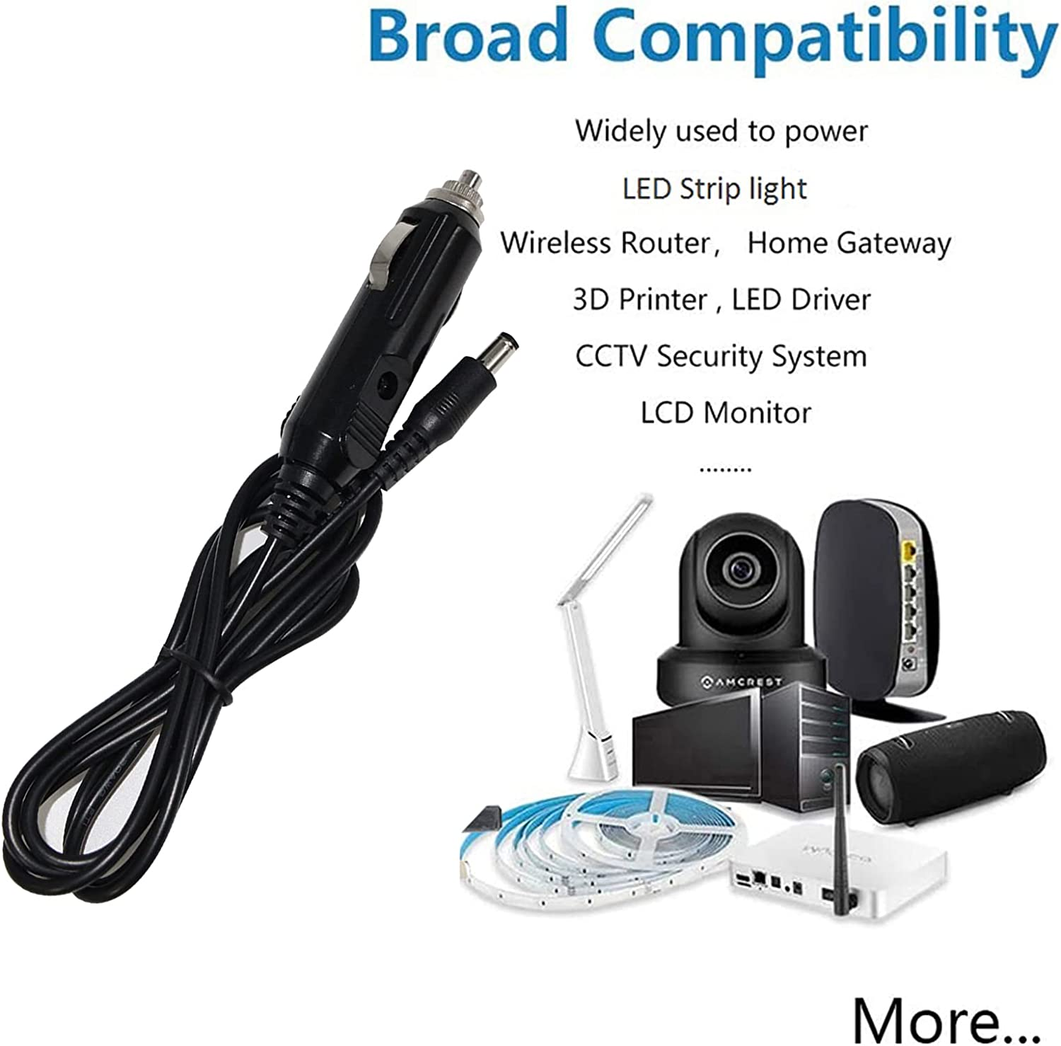 12V 24V Auto Car Cigarette Lighter 15A Fuse Plug with LED to Light DC 5.5 X 2.1Mm Connector DVR Supply Charger Power Cable 4FT 20AWG Wire Extension for Vehicle Most Device image number 3