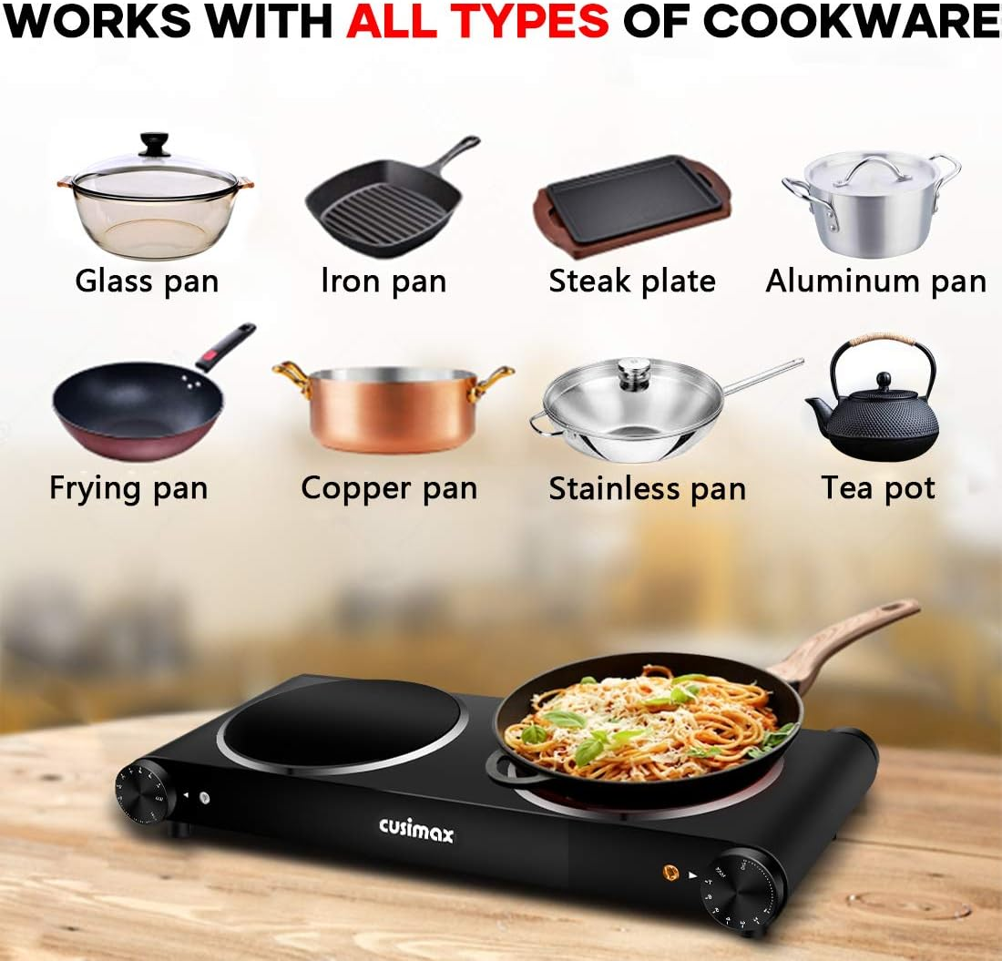 Double Hot Plate, CUSIMAX 2400W Electric Infrared Hotplate with Dual Temperature Controls, Portable Ceramic Electric Stove for Home, Camping and Caravan, Cooktop Burner Compatible for All Cookwares image number 1