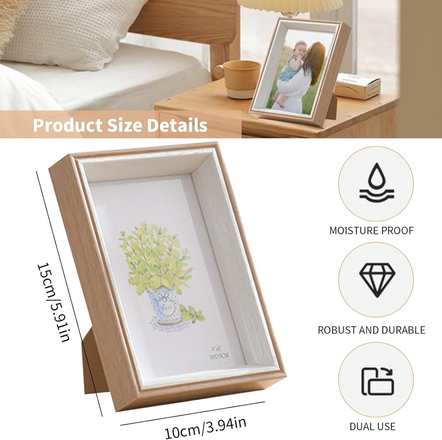 3 Pcs 6" Deep Photo Frames, 6"X 4" Photo Frames with Vertical/Horizontal Angle Bracket, Stereoscopic 3D Portrait Photo Frames, Picture Frames for Home Office Decoration Tabletop Wall Display (Grey) - Pink image number 7