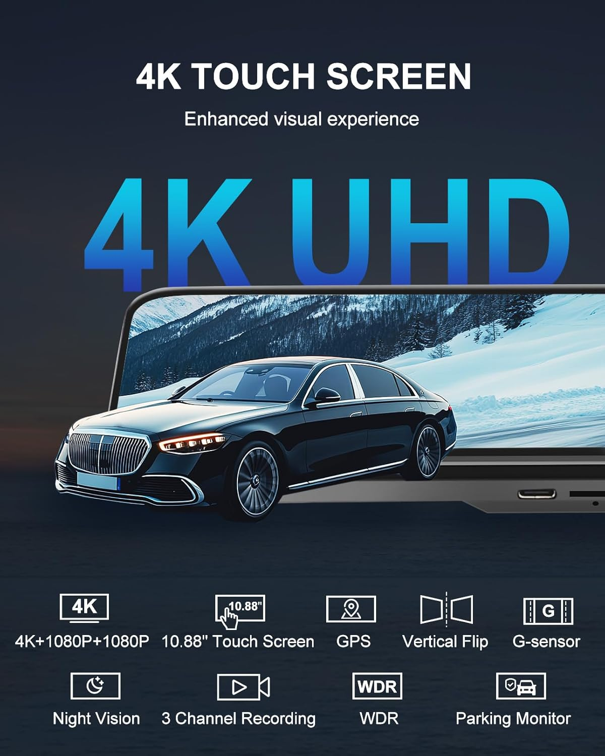 4K 3 Channel Mirror Dash Cam, 11" Triple Rear View Mirror Dash Camera Front inside Rear with WDR G-Sensor Parking Assistance, with 64GB Card, Waterproof Backup Camera for Car RV by STONVUE image number 2