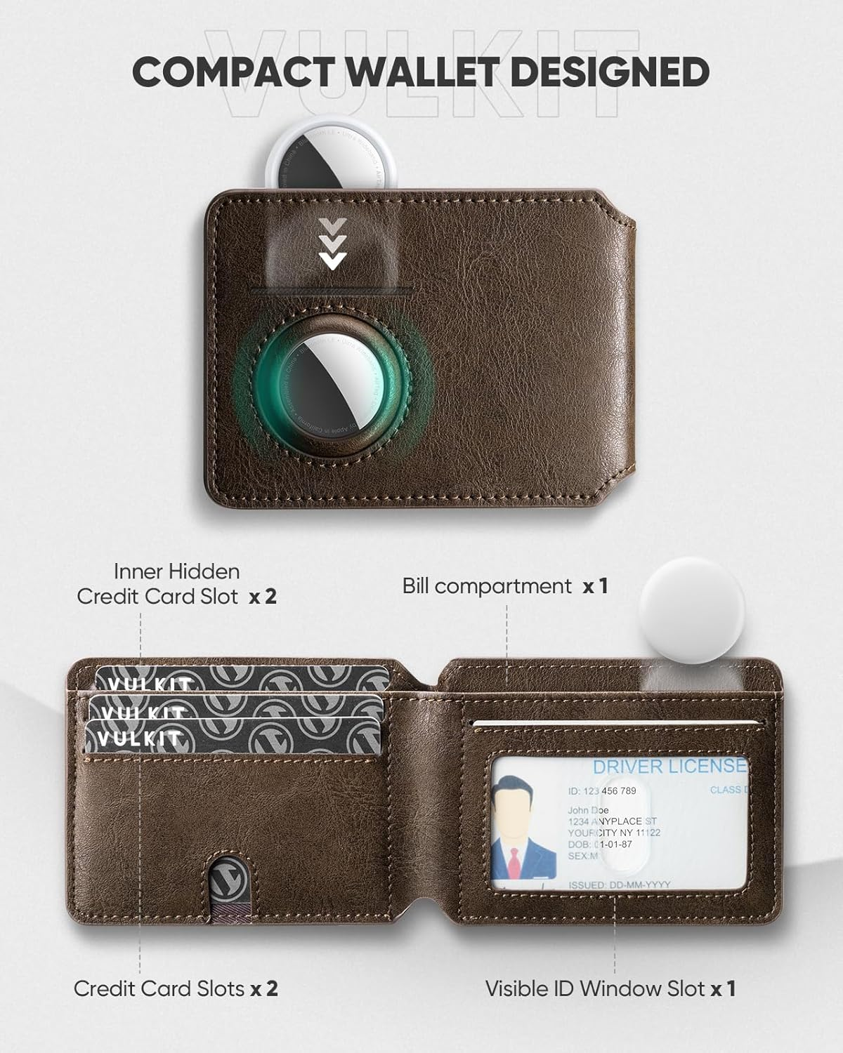 VULKIT Aussie Men'S Ultra-Slim Airtag Card Wallet (1.5Cm), RFID Blocking Leather Bifold with ID Window, Front Pocket Design & Anti-Loss Tracking for Everyday Carry & Travel, Coffee - Coffee image number 5