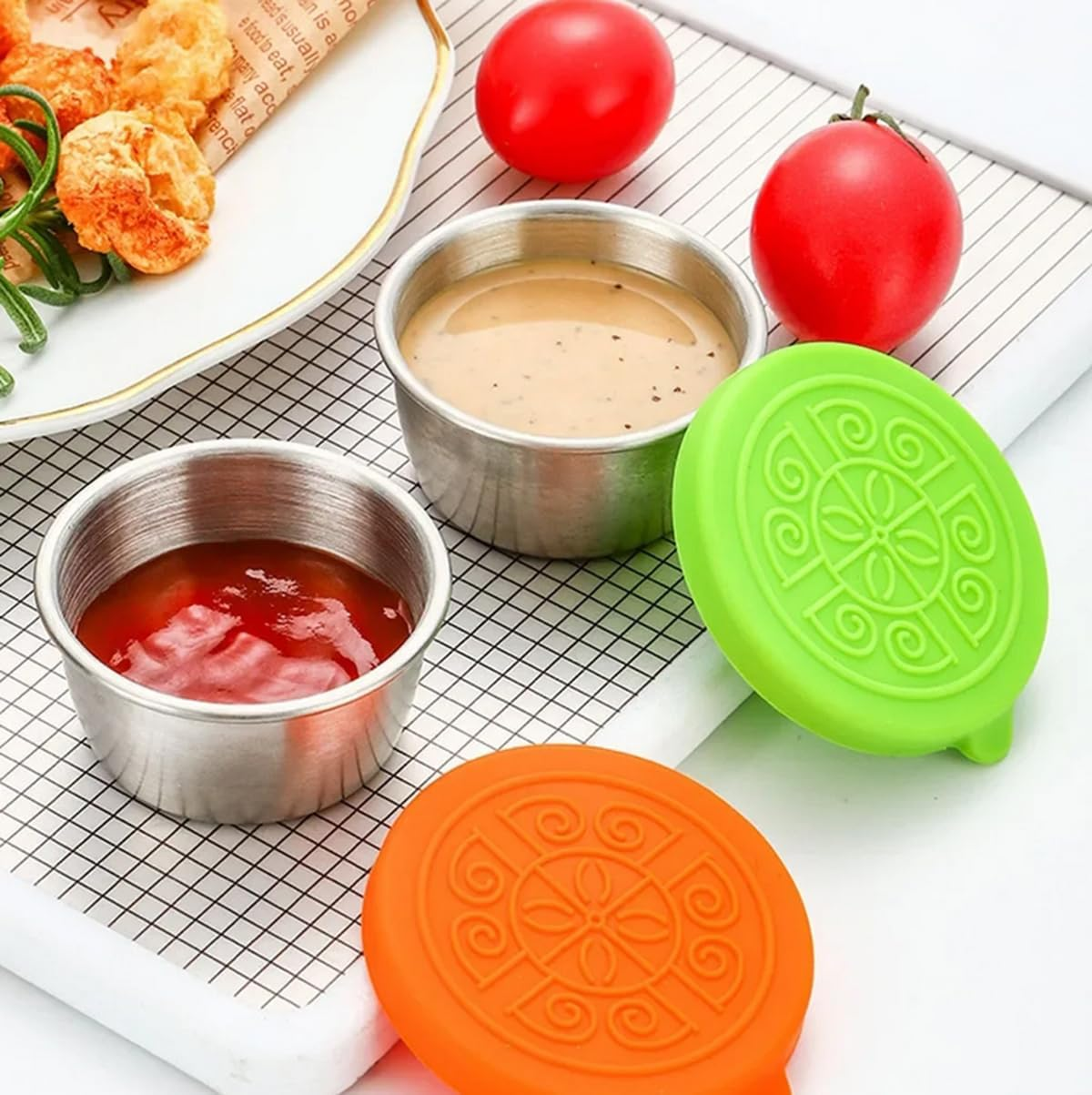 6Pcs/Set SUS304 Stainless Steel Salad Dressing Container with Leakproof Silicone Lids, Small Sauce Cups Condiment Containers for Lunch Bento Box, Picnic and Travel image number 3