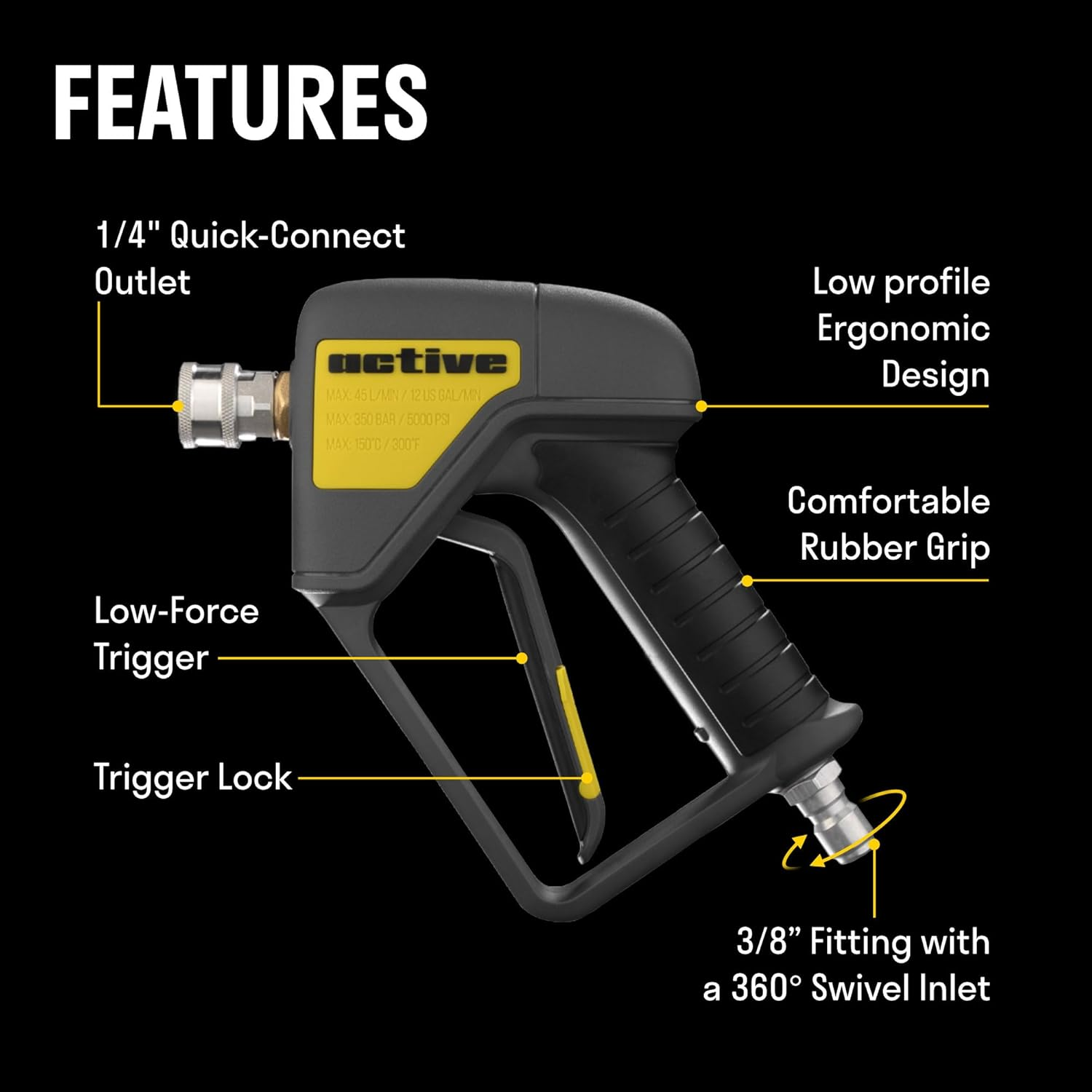 Active Premium Short Pressure Washer Gun with Swivel - Integrated 304 Stainless and 3/8/'' Inlet 1/4/'' Outlet Quick Connects Ideal for Washer Car Wash Foam Cannon Applications, Gray (JH50SS) image number 6