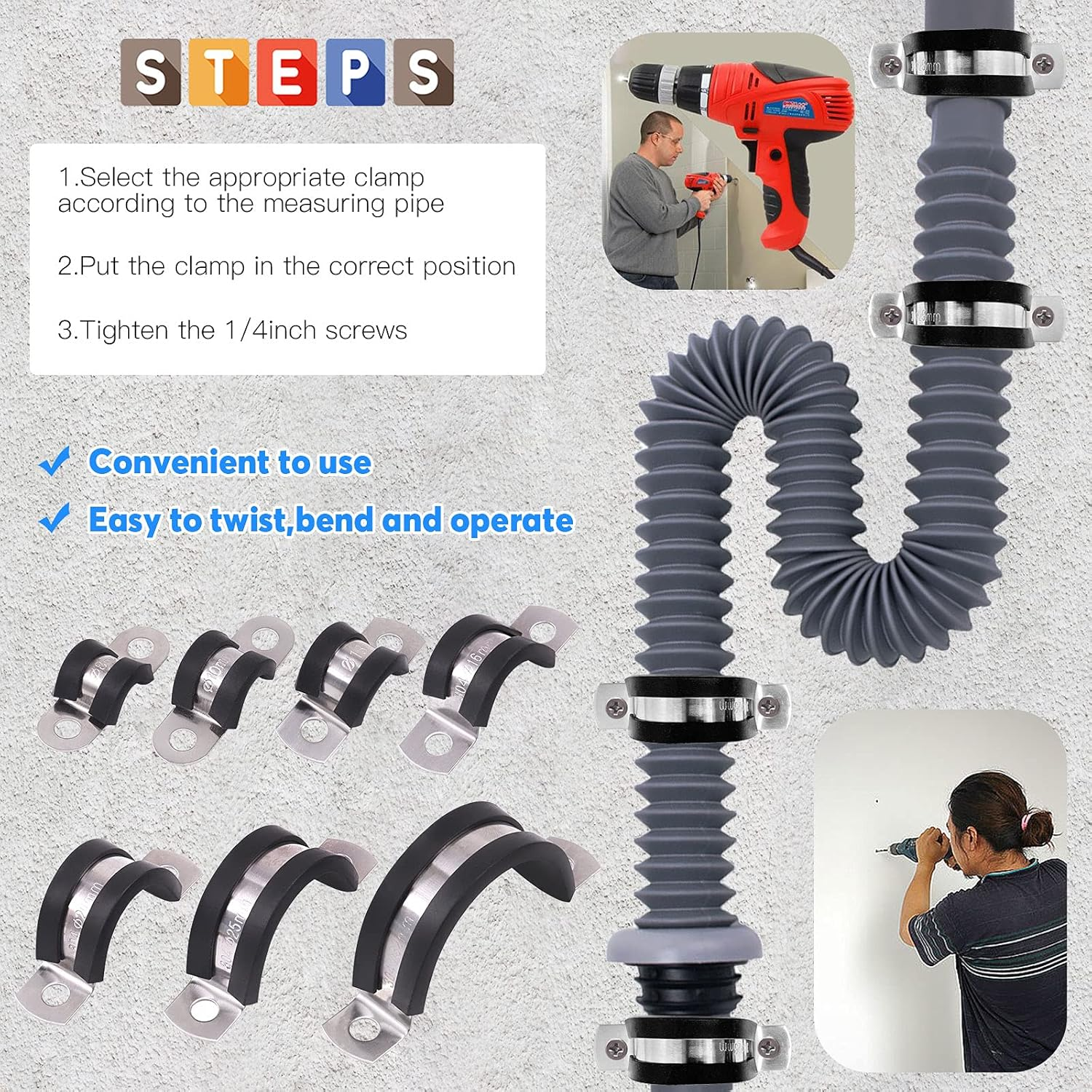 Glarks 60Pcs 8-32MM 2 Hole U-Tube Strap Clamp Set 304 Stainless Steel Rubber Cushion Rigid Pipe Strap U Bracket Tube Strap Assortment Kit for Pipe Tube Fixing (8-32Mm Strap Clamp Set) image number 6