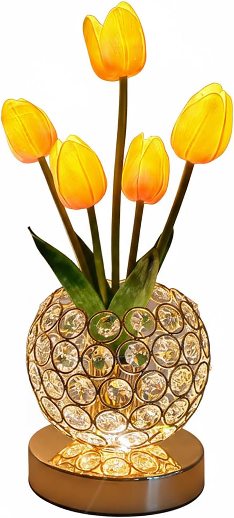 Crystal Tulip Table Lamp, 3 Colors Dimmable Artificial Flowers Light, USB Rechargeable Cordless Lamps, Bedroom Living Room Decoration, Valentine Day, Mothers Day, Christmas Day Gift (Orange Tulip)