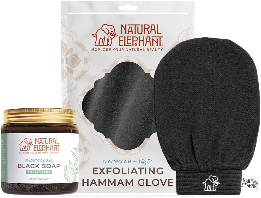 Natural Elephant Moroccan Black Soap 200G (7Oz) and Exfoliating Hammam Glove Combo (Pure Black)