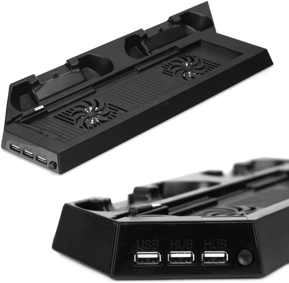 3 in 1 Playstation 4 PS4 & Slim Controller Console Vertical Charger Stand Dock with Cooling Fan and USB Hub