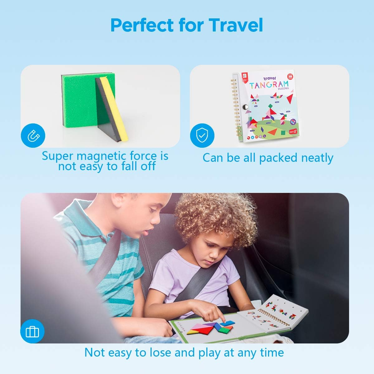 Travel Tangram Puzzle with 2 Set Magnetic Plate- Road Trip Tangoes Games with Solution - IQ Book Educational Toy Brain Teaser for Kid Challenge image number 5