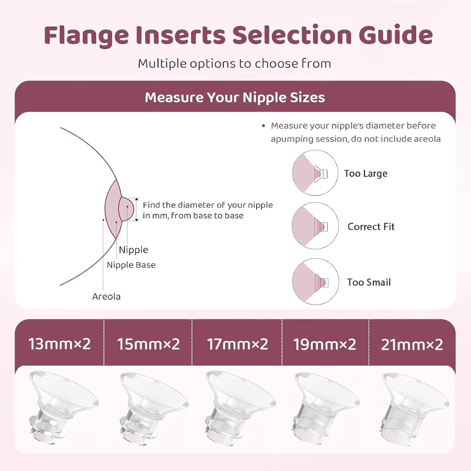 Weidllys Flange Sizing Kit with 10PCS Flange Inserts 13/15/17/19/21Mm and Nipple Measurement Tool for Flanges, Silicone Breast Pump Flange Insert Kit for 24Mm Most Pumps image number 4