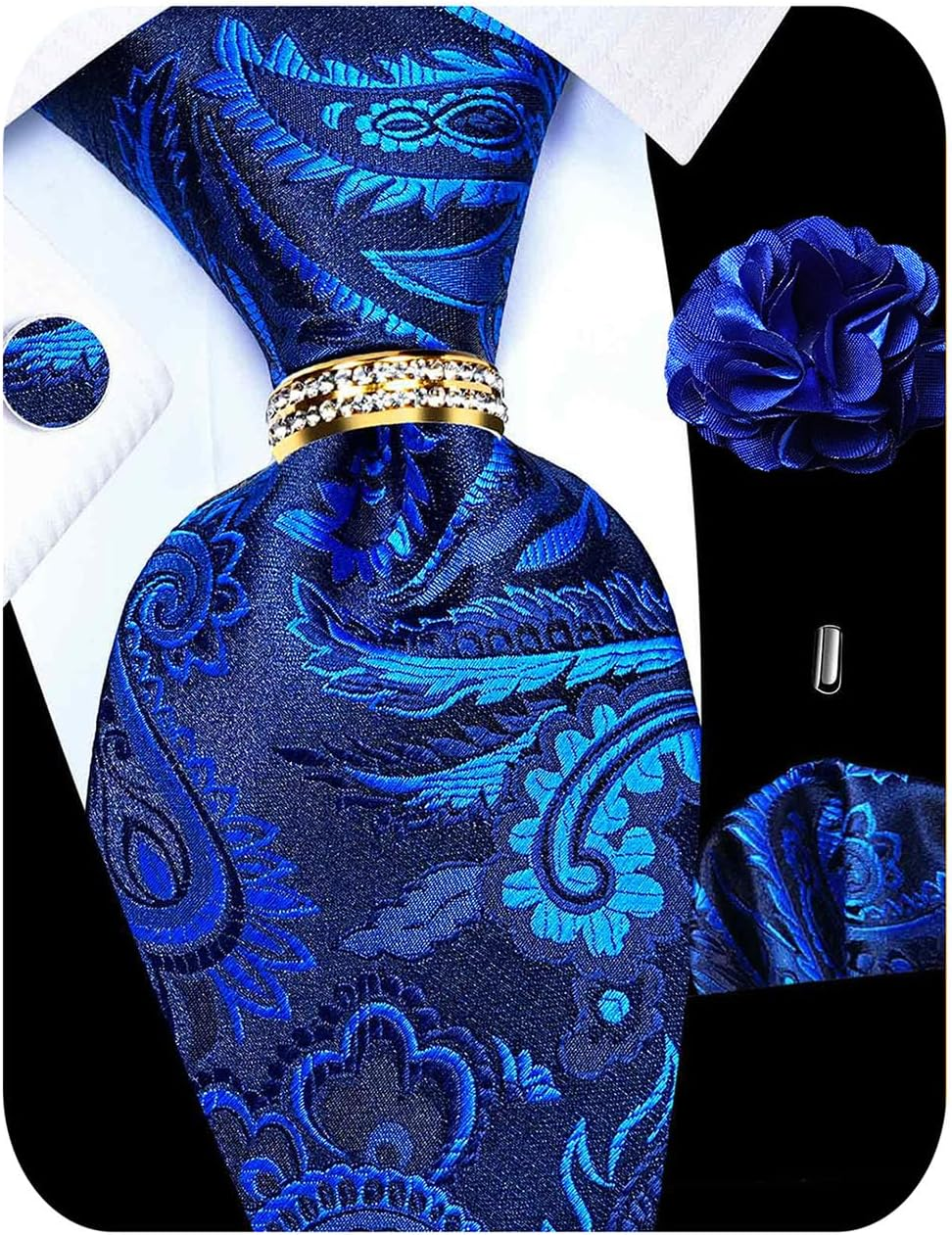 5PCS Paisley Tie and Pocket Square for Men, Silk Tie Handkerchief Cufflinks with Drilled Tie Ring and Lapel Pin Set