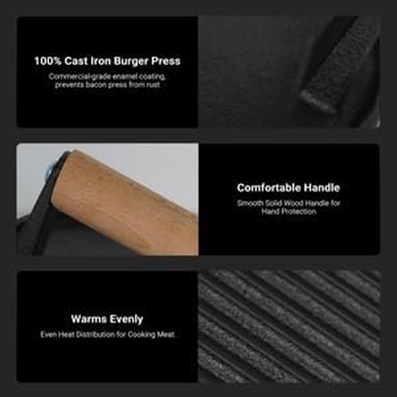 LIWEGHT Burger Press, 6.9" round Heavy-Duty Cast Iron Smash Burger Press, Steak & Sandwiches Burger Patty Maker with Wood Handle Bacon Meat Grill Press for Griddle BBQ (Round) image number 3