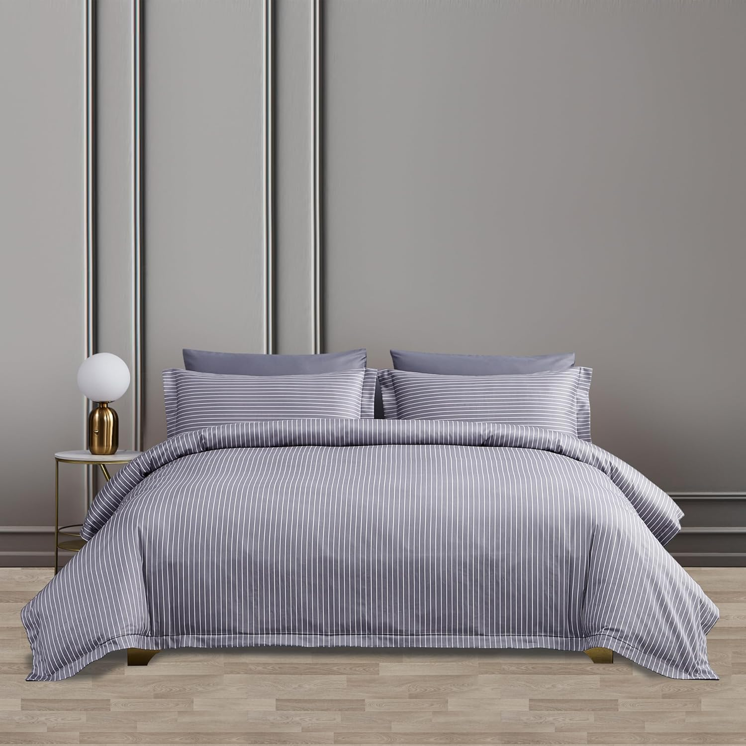 ACCURATEX Quilt Cover Set Double Size,400Tc Long Staple Cotton, Sateen Weave Percale Luxe Comforter Cover with Zipper Closure&Corner Ties,3 Pcs Hotel Duvet Cover with Pillow Shams(Striped Grey180X210)