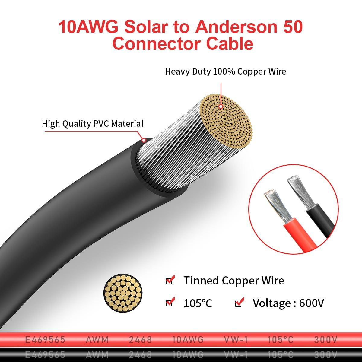 10AWG Solar Panel Connector to Anderson 50A/600V Solar Connector Cable for Solars Generator Inverter Battery Pack Charger Kit 35Cm 1Pack image number 3