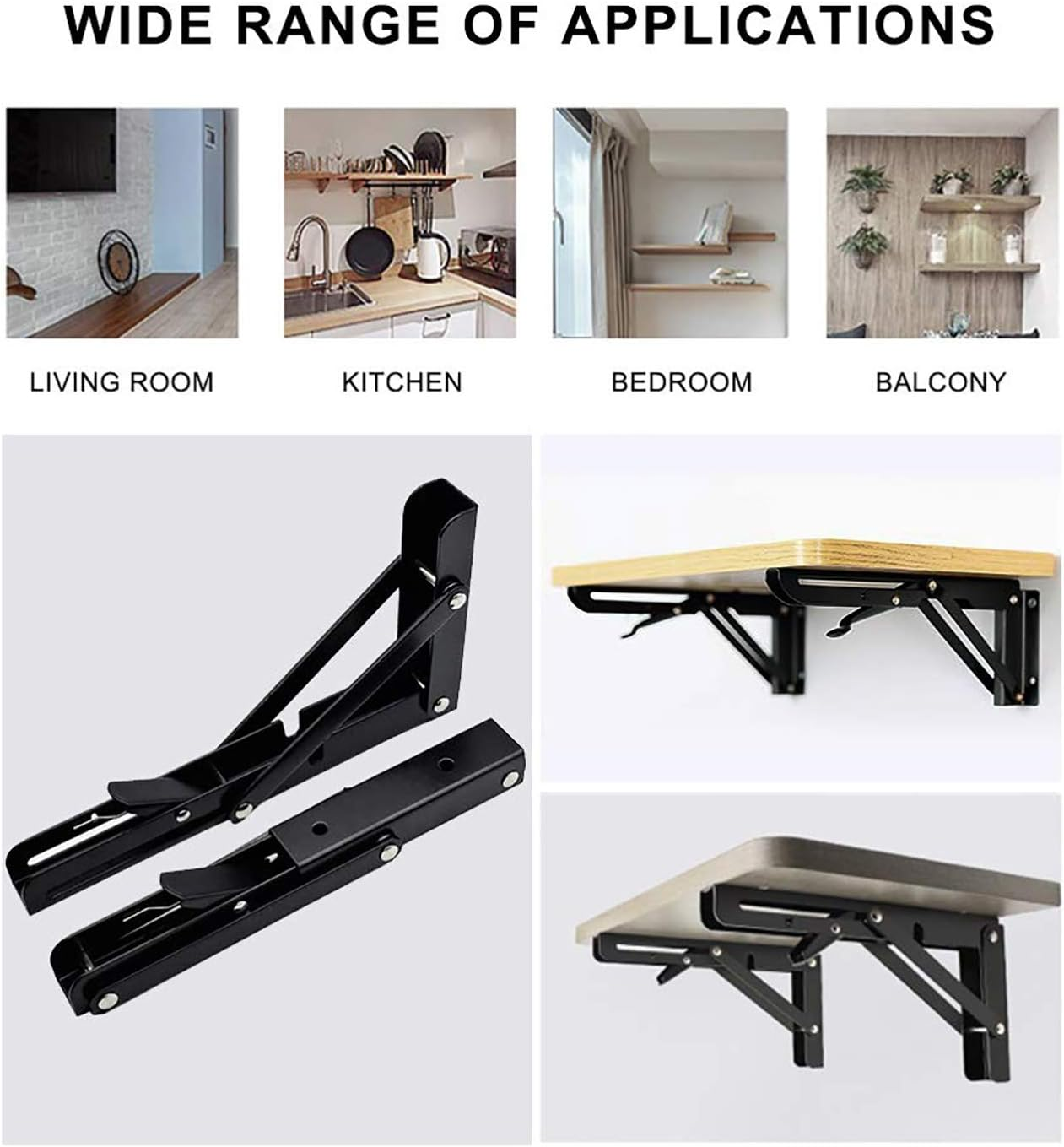 Folding Shelf Brackets 20 Inch Heavy Duty, 2 Pcs Shelf Brackets, L Brackets for Shelves, Floating Shelf Bracket, Metal Shelf Brackets on Wall, Black Stainless Steel L Shape