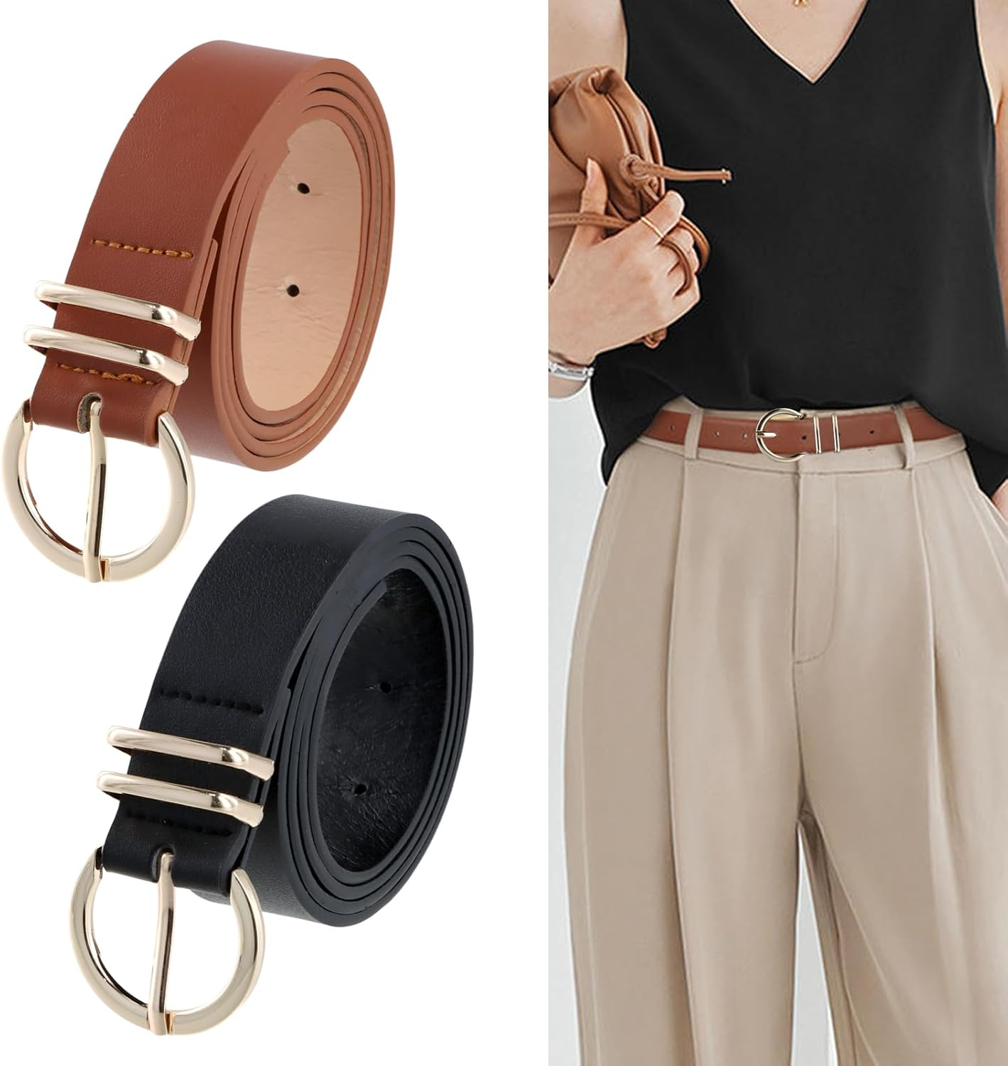 2 Pack Womens Leather Belts, All-Match Belts Fashion Belts, with Gold round Metal Buckle, Belts for Jeans Pants (Black +Brown) image number 4