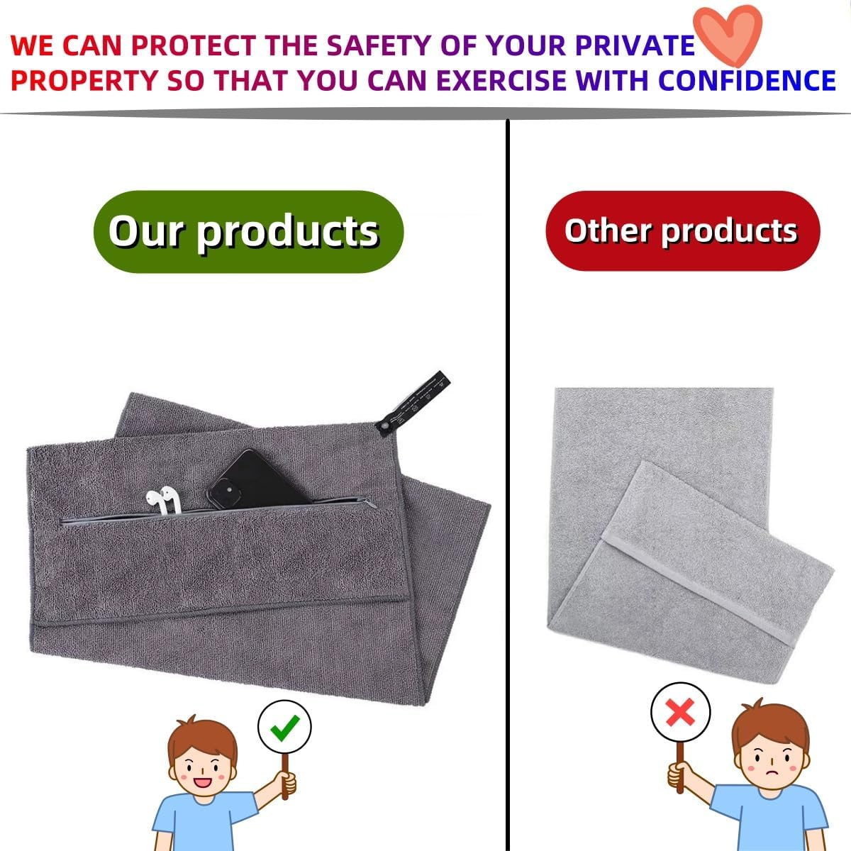 KLHCDUO Gym Towel with Zipper Pocket,53Inx19.7In, Suitable for Fitness Training and Sports, Microfiber Towel, Quick-Drying and Absorbent Sports Towel, Sweat Towel, Gym Beach Yoga Camping (Gray) image number 4