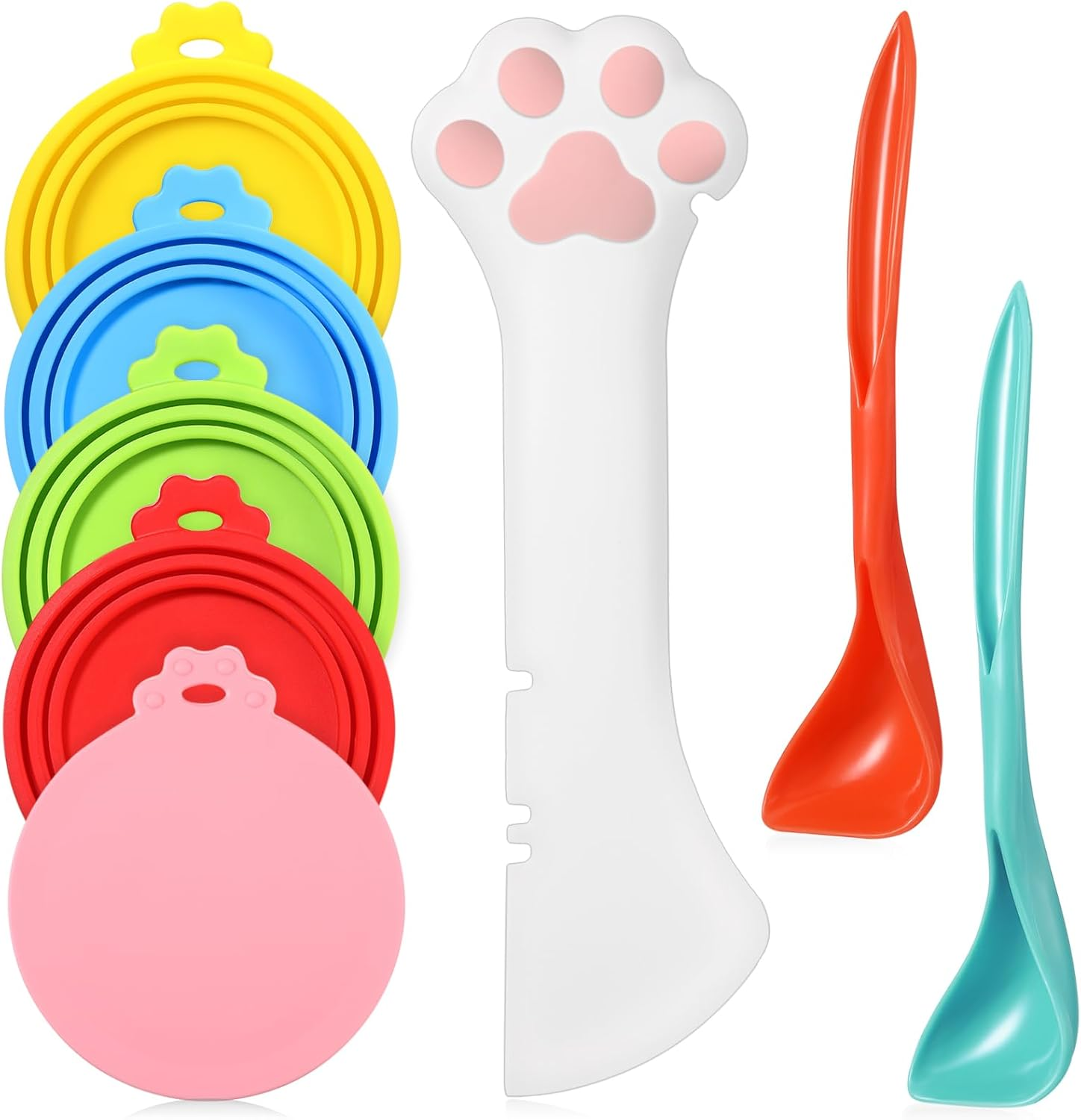 Uiifan Cat Food Lid Cat Food Can Covers Lids 8 Pcs Pet Can Supplies Set 5 Silicone Wet Kitten Foodstuff Tin Covers Lids 2 Silicone Dog Spoons 1 Paw Shape Multifunctional Opener for Pets(Pink)