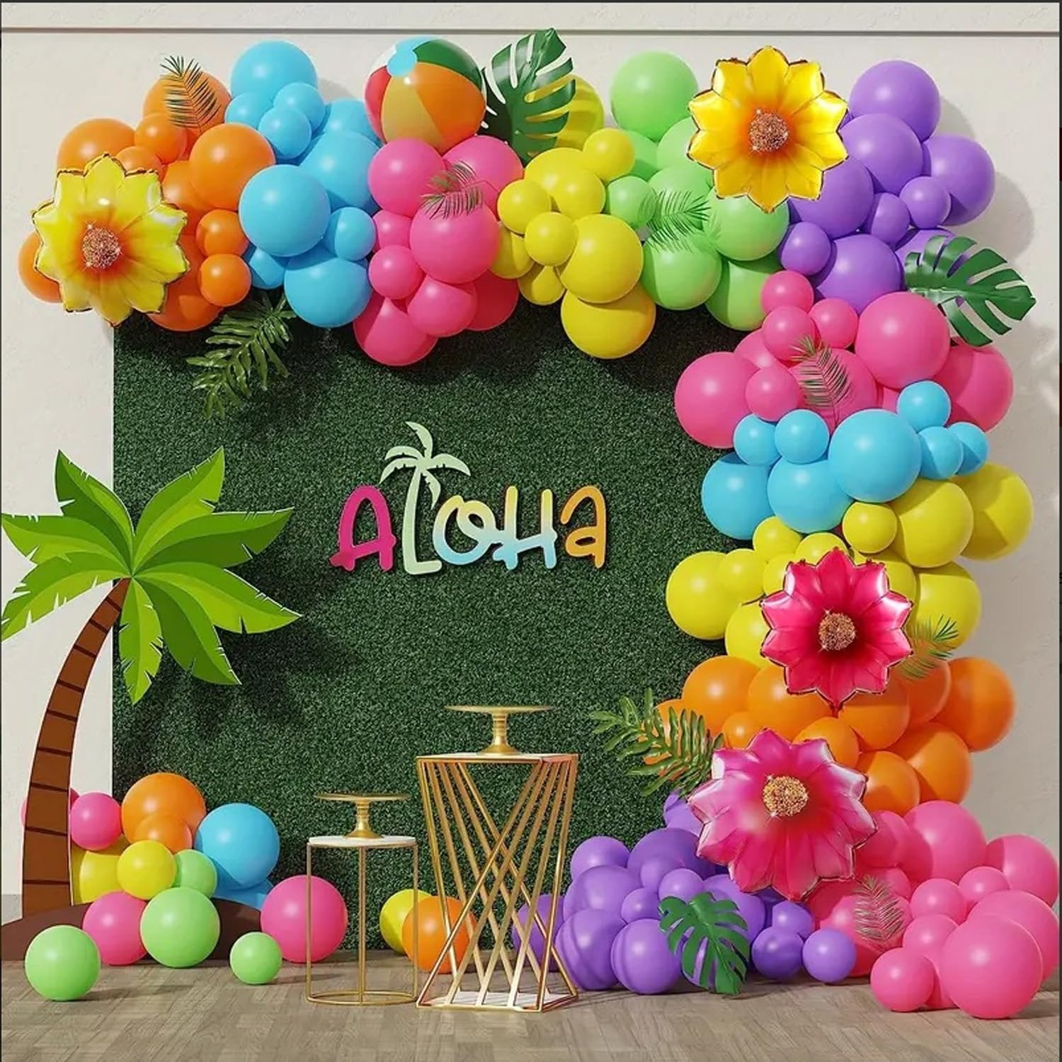 146Pcs Tropical Neon Balloon Arch, Summer Colorful Rainbow Pool Party Balloon for Hawaiian Beach Tropical Luau Pool Theme Birthday Party Decorations Flower Rainbow