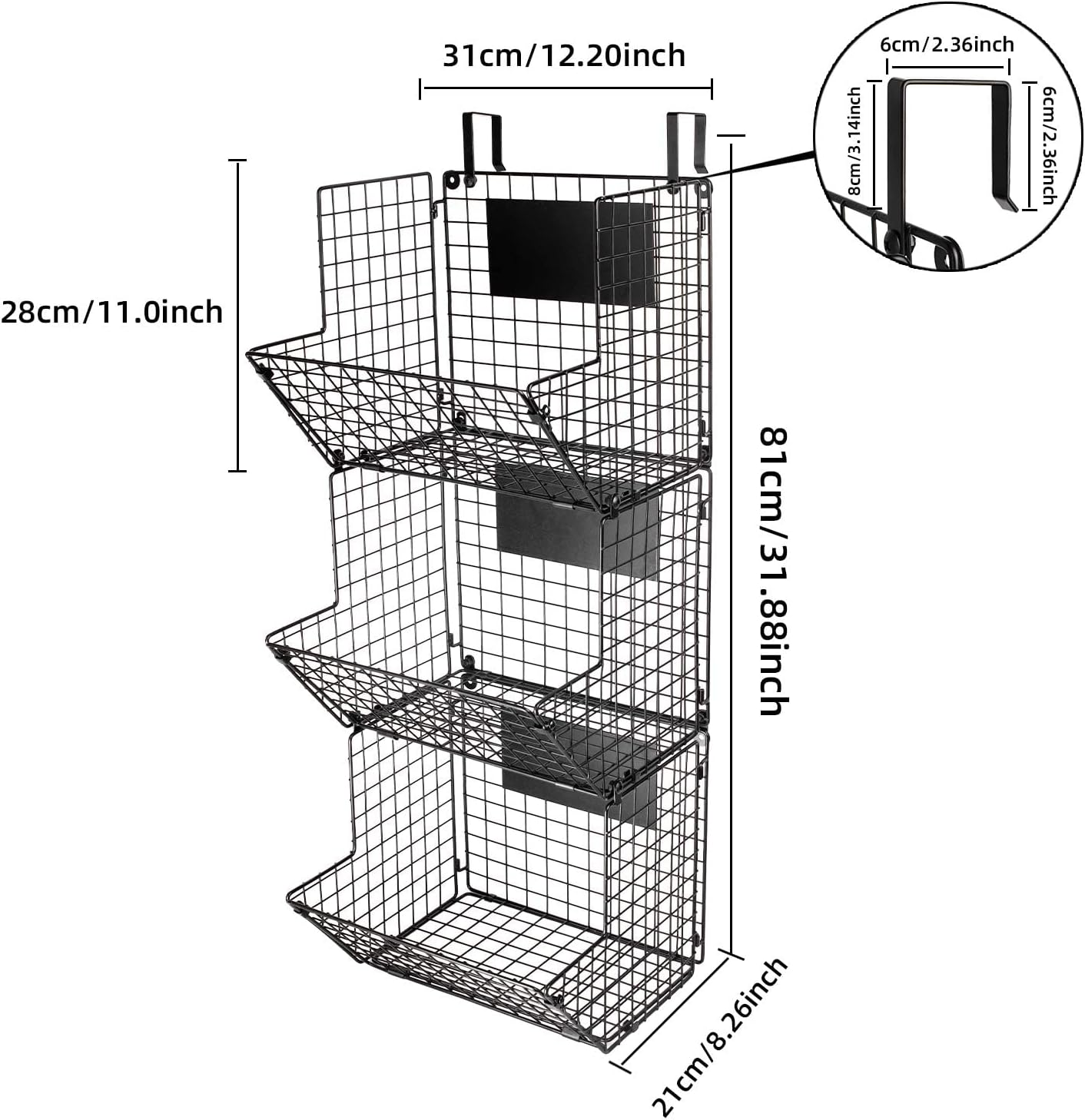 Fruit Vegetable Storage Basket for Kitchen, 3 Tier Stackable Wall Mount & Countertop & Hanging Metal Wire Baskets Organiser with Hooks, Kitchen Produce Tiered Counter Organizer Bin Rack(Black) image number 4