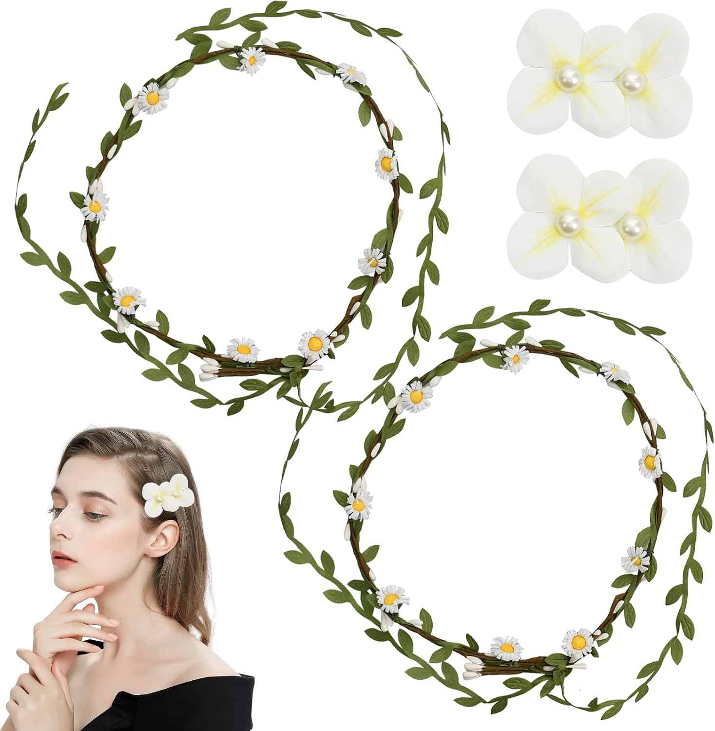 Flower Crown Headband,2 PCS Artificial Floral Crown and 2 PCS Flower Duckbill Clip,Daisy Hair Floral Wreath for Women, Girls, Wedding, Festival, Party, Hair Headbands Accessories